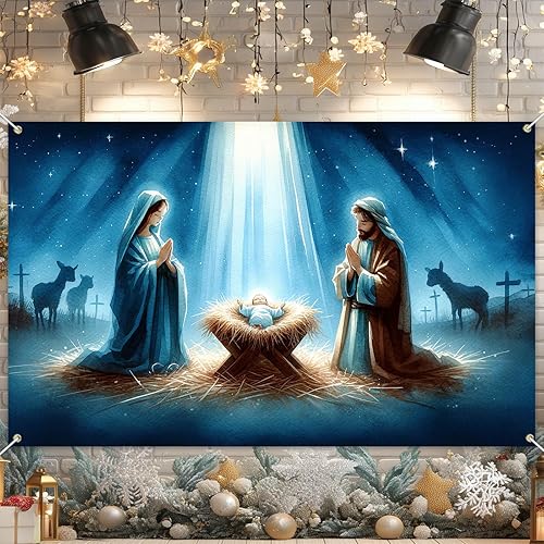 Miniatura 3 de Fondo de escena de pesebre de 71 x 43 pulgadas, pancarta religiosa cristiana para iglesia, interior y exterior, telón de fondo de fotos de Navidad,