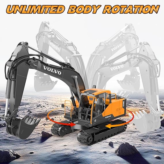 DOUBLE E Volvo 1:16 Scale RC Excavator 3-in-1 Construction Toys with 360 Rotation, Metal Shovel, Drill & Grabber Professional Grade Remote Control Engineering Vehicle