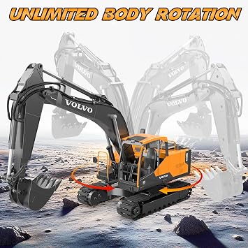 DOUBLE E Volvo 1:16 Scale RC Excavator 3-in-1 Construction Toys with 360 Rotation, Metal Shovel, Drill & Grabber Professional Grade Remote Control Engineering Vehicle