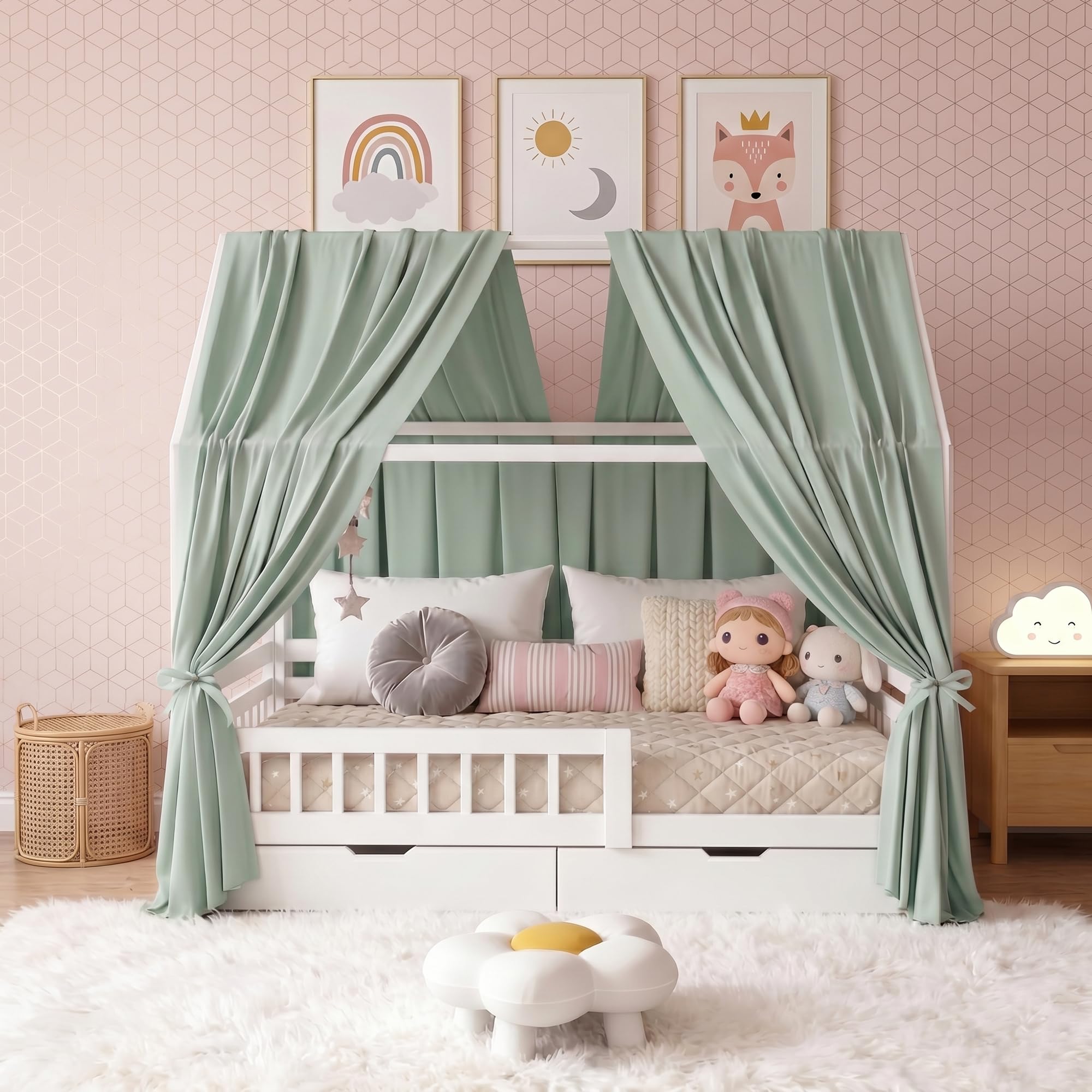 RANJIMA Hausbett Himmel,2 Stück Betthimmel Hausbett aus Musselin, Betthimmel Kinderbett Stoffhimmel für Hausbett Mädchen Jungen Baldachin Kinderzimmer Deko Vorhang Set für Kinderbett 67 x 270 cm Grün