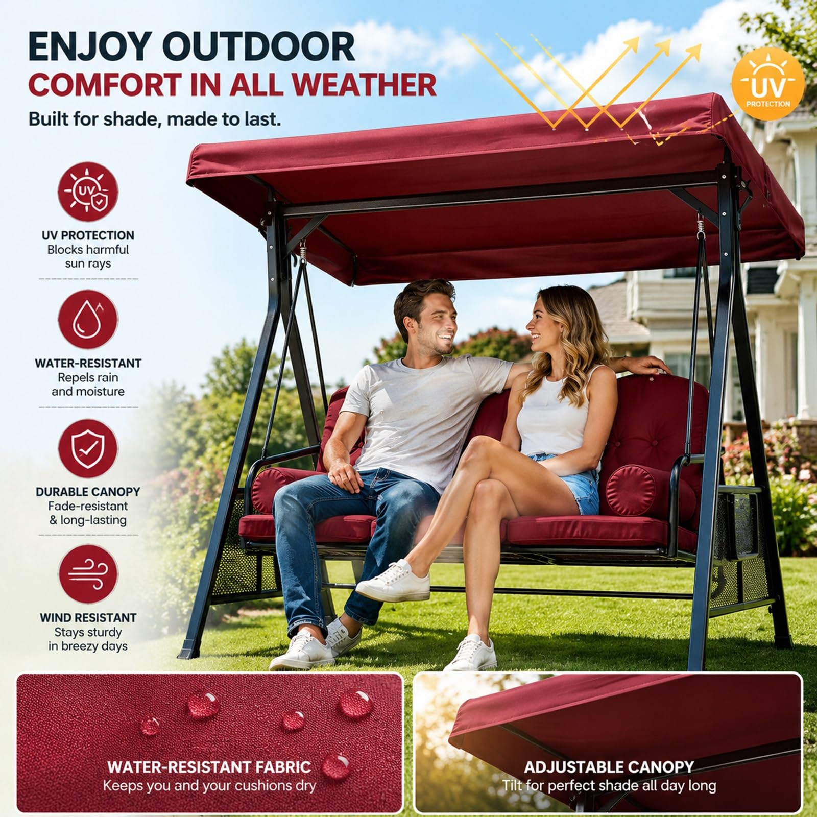 Tettuccio di ricambio per dondolo 3 posti impermeabile da giardino | Tessuto poliestere 600D 250g/m², resistente agli strappi, protezione solare, facile pulizia(Red,77.95*46.46*8.27*6.30in)