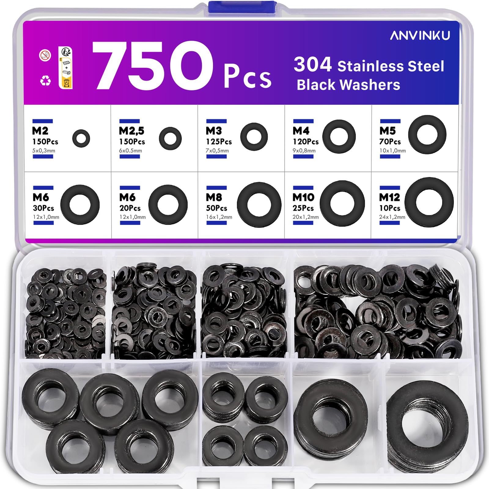 750 Stück Unterlegscheiben Schwarz, ANVINKU Edelstahl Beilagscheiben Sortiment, 9 Größen Unterlegscheiben Set M2 M2.5 M3 M4 M5 M6 M8 M10 M12, Unterlegscheibe Sortiment für Schrauben