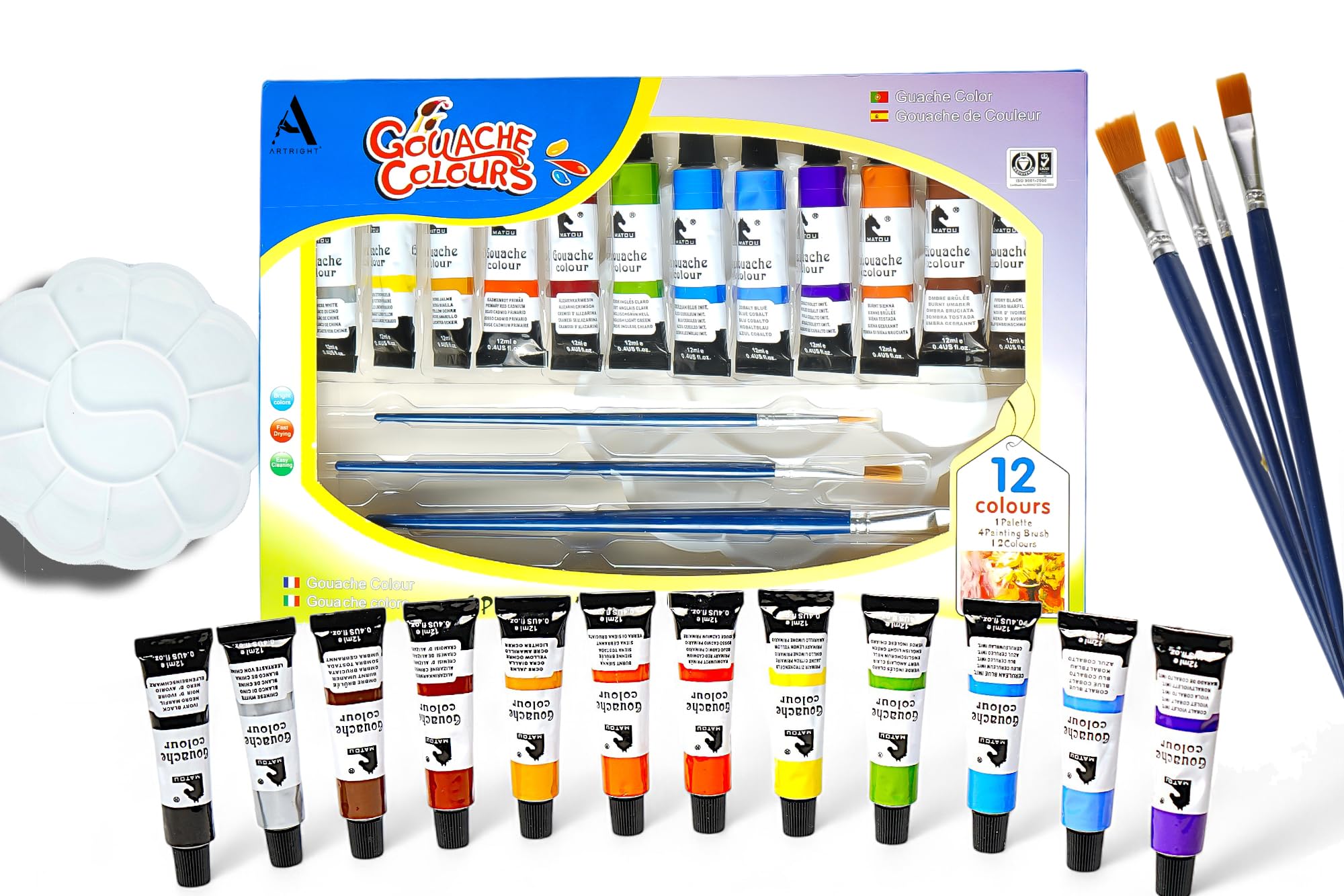 ArtRight 12 x 12ml Gouache Paint Set with 4 Free Paint Brushes - Acid-Free, Non-Toxic Multicolored Artists' Gouache Colors for Mixed Media Painting