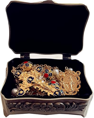 elegantmedical Hecho a mano 18K chapado en oro de la escalera al cielo perla y esmalte perlas católica rosario crucifijo collar caja, Cobre