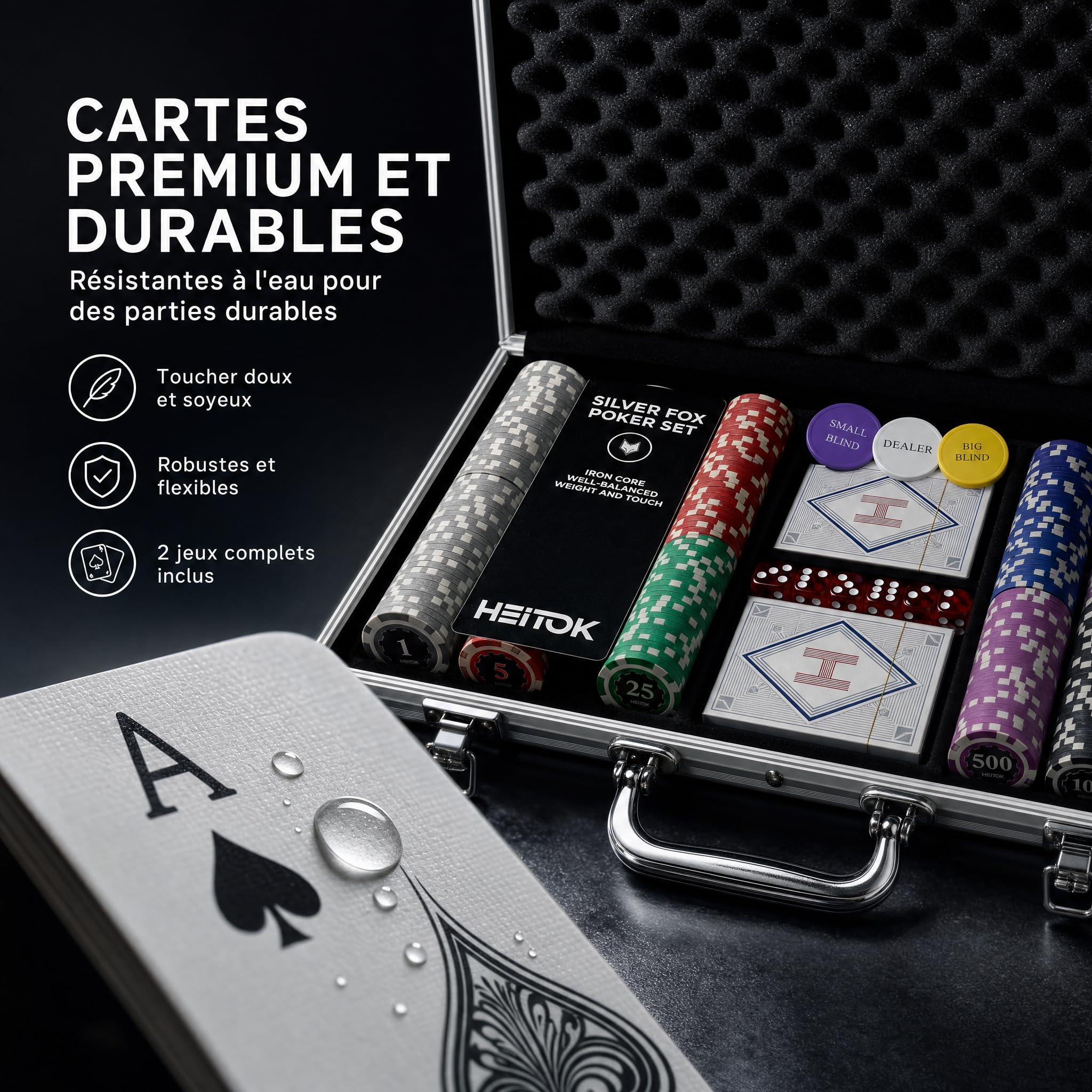 HEITOK Mallette de Poker Professionnelle 300 Jetons Numérotés 11,5g avec Insert Métal – Set Complet Texas Hold'em, 2 Jeux de Cartes, Dés, Boutons Dealer – Valise Aluminium pour Soirées Casino Adultes