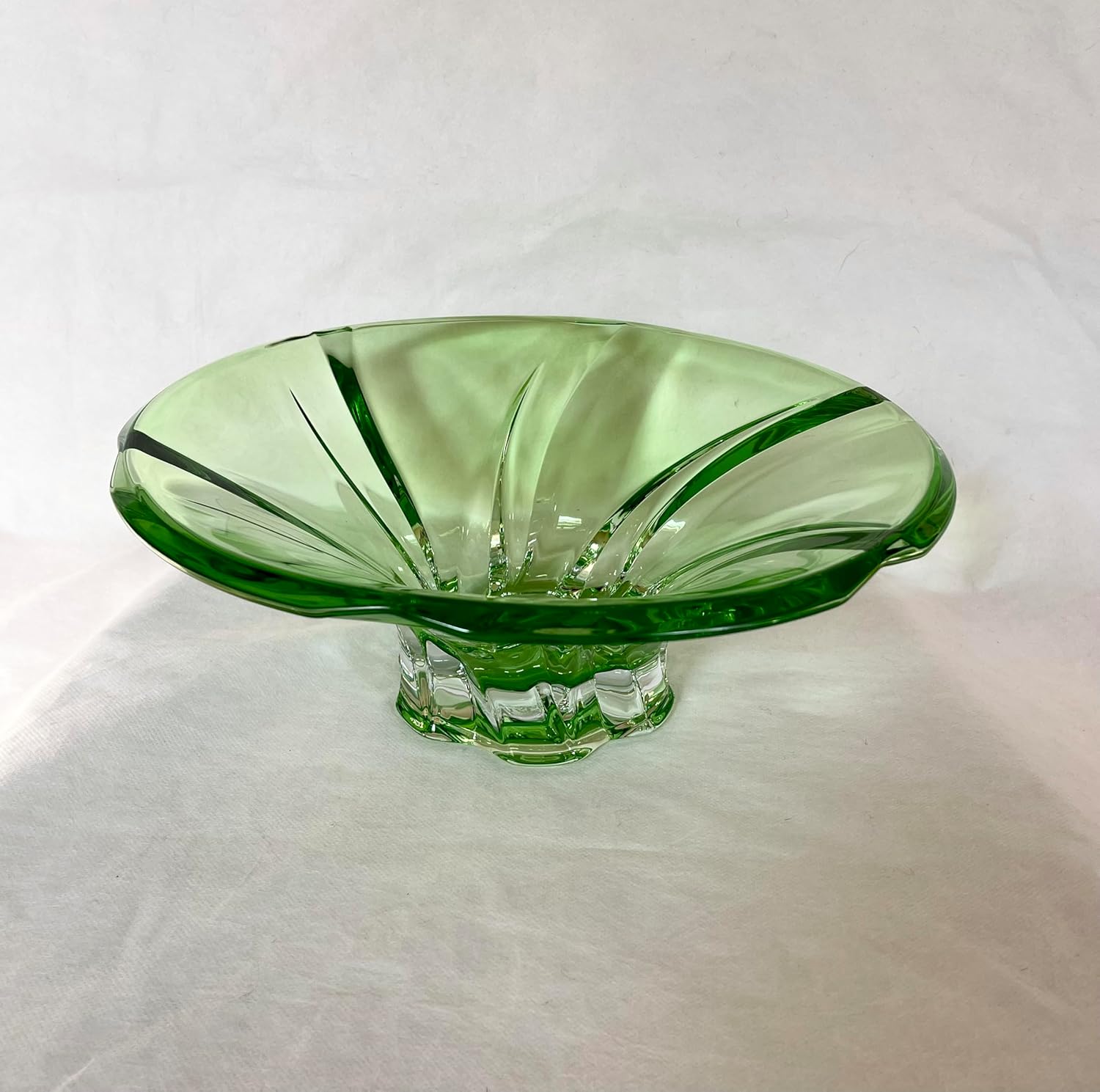 Czech Bohemian Crystal Glass Bowl-Vase 12''-Dia Green Vintage European Design Elegant Centerpiece Dish