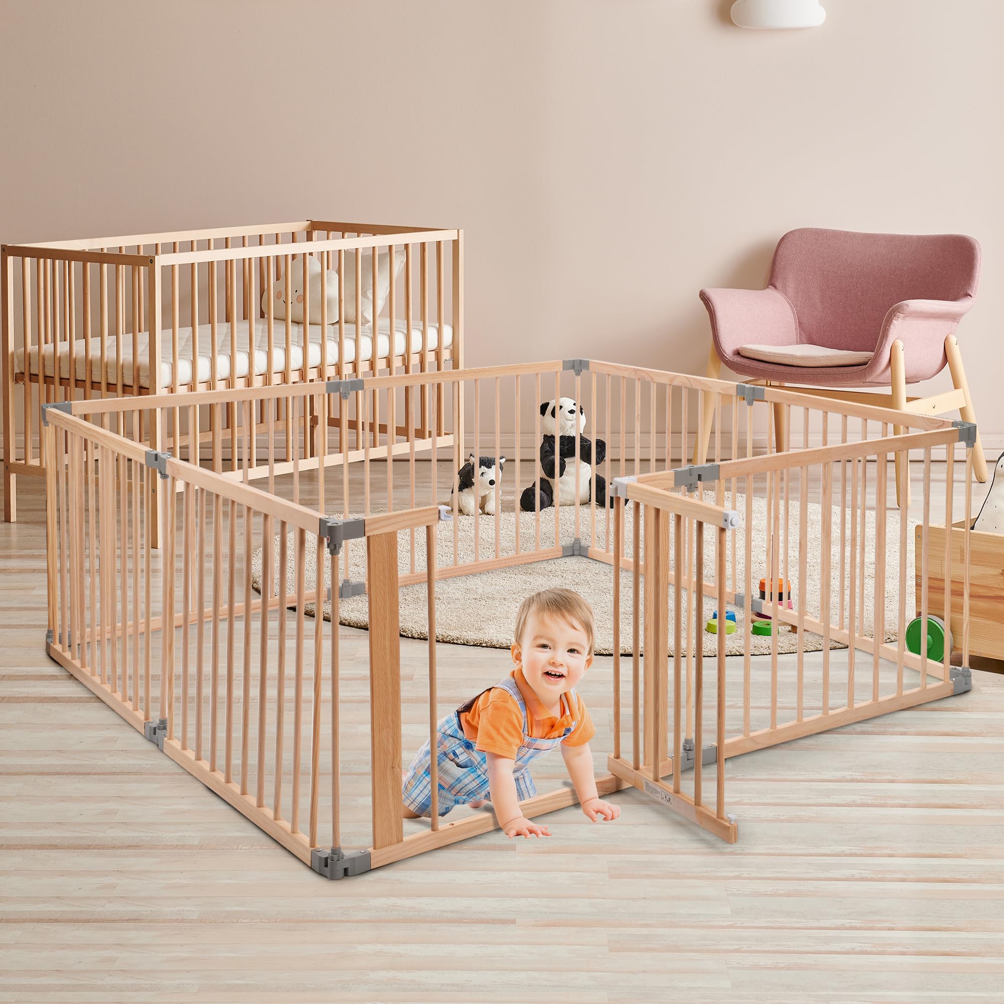 Wooden Baby Playpen for Toddlers, Foldable Large Baby Playard, Adjustable Safety Play Fence with Locking Gate for Indoor & Outdoor, Kids Activity Center (26.6“ Tall, 8-Panel)