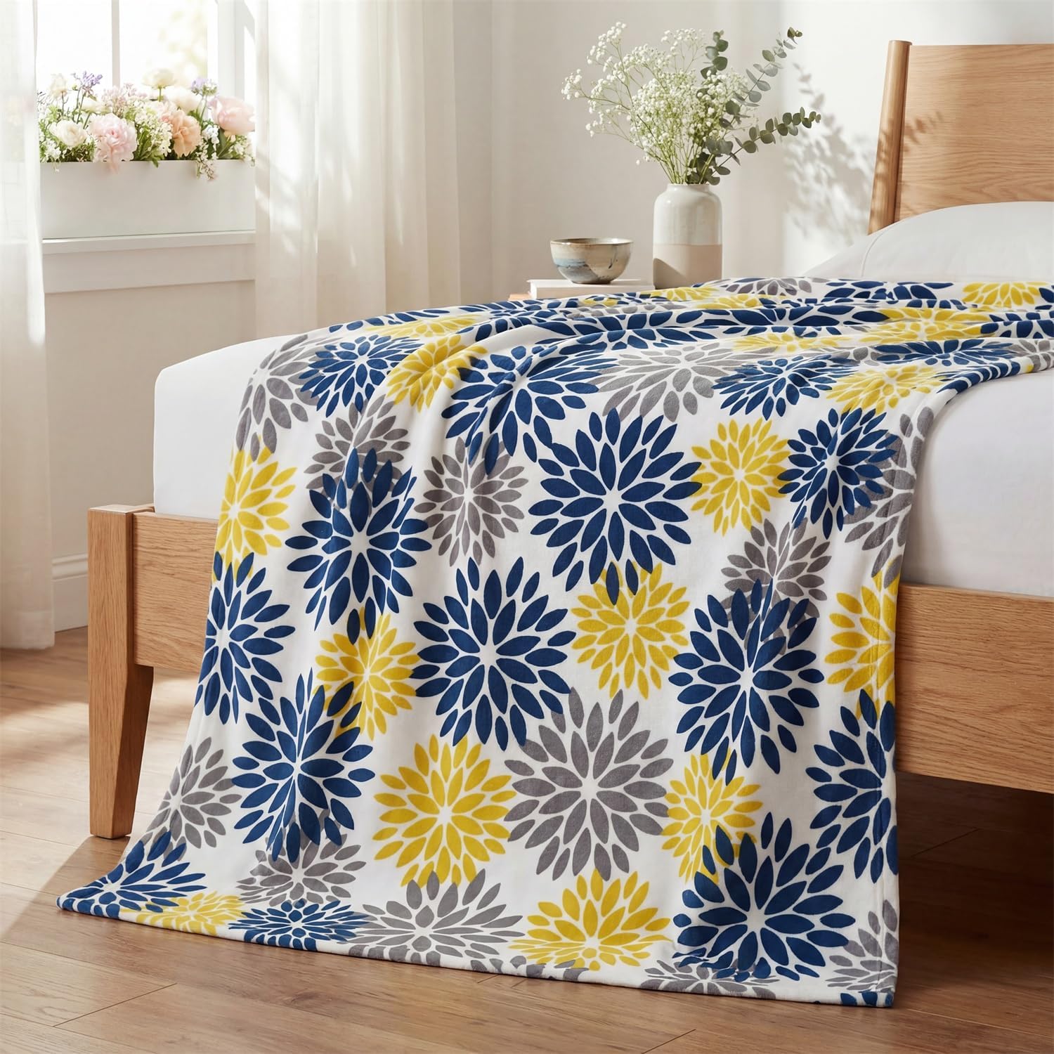 Horaldaily Blue Yellow Grey Dahlia Pinnata Flannel Blanket Throw, Spring Summer Floral Soft Fuzzy Plush Cozy Fleece Blankets for Couch Sofa Bed Lounging, Ideal Gifts for Kids Adults Self, 50x60 - Image 3