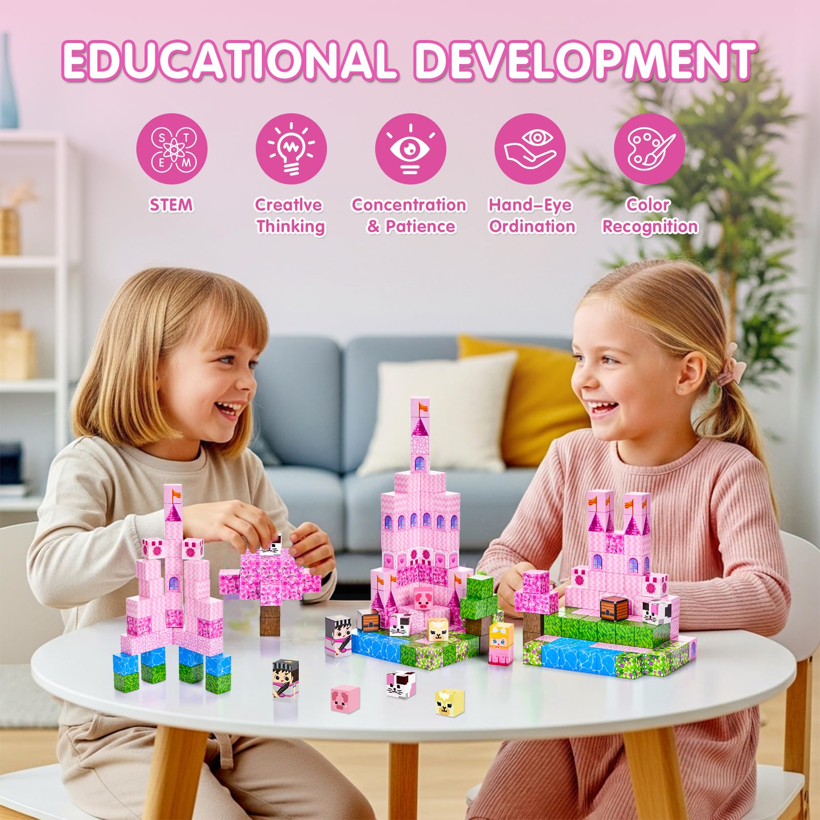 Bloques Magneticos Construcción Niños 100 Piezas Bloques Magneticos Castillo Rosa Juego Magnetic Blocks Juguetes Sensorial Stem Montessori Regalos para 3+ Años