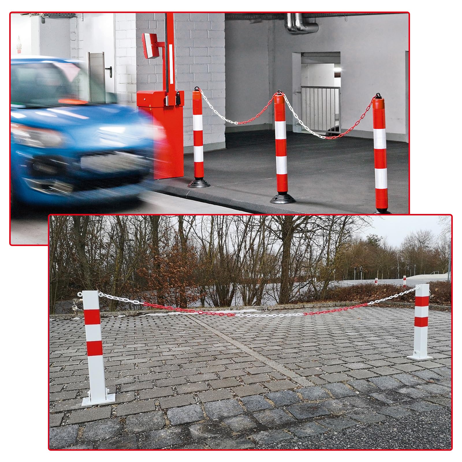 APACALI Cadena de seguridad de plástico de 25 m, color rojo y blanco, 8 mm, cadena de plástico para cerrar, cadena de plástico de las superficies, buena visibilidad, estable y manejable