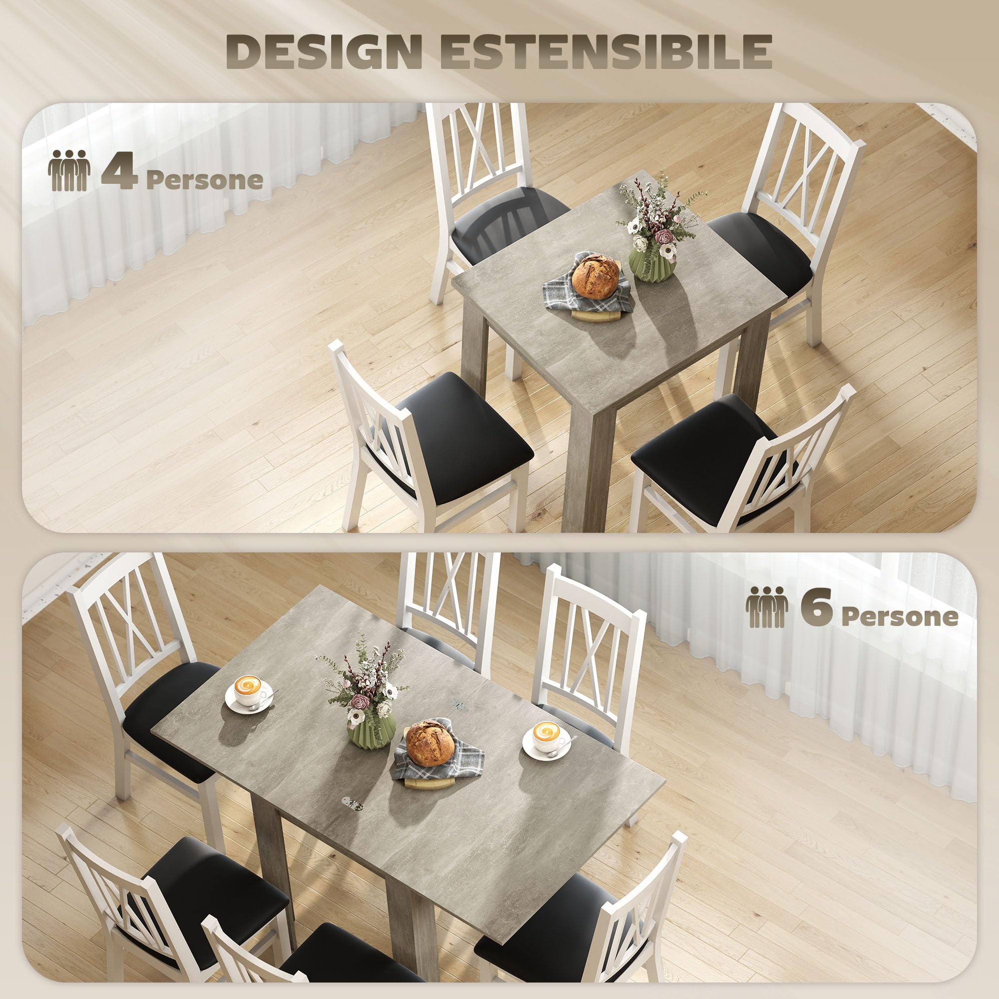 HOMCOM Tavolo da Pranzo Allungabile per 4-6 70-140cm Grigio Effetto Legno | Design Ribaltabile, Rettangolare Salvaspazio, Piedini Antiscivolo, Sala da Pranzo Soggiorno