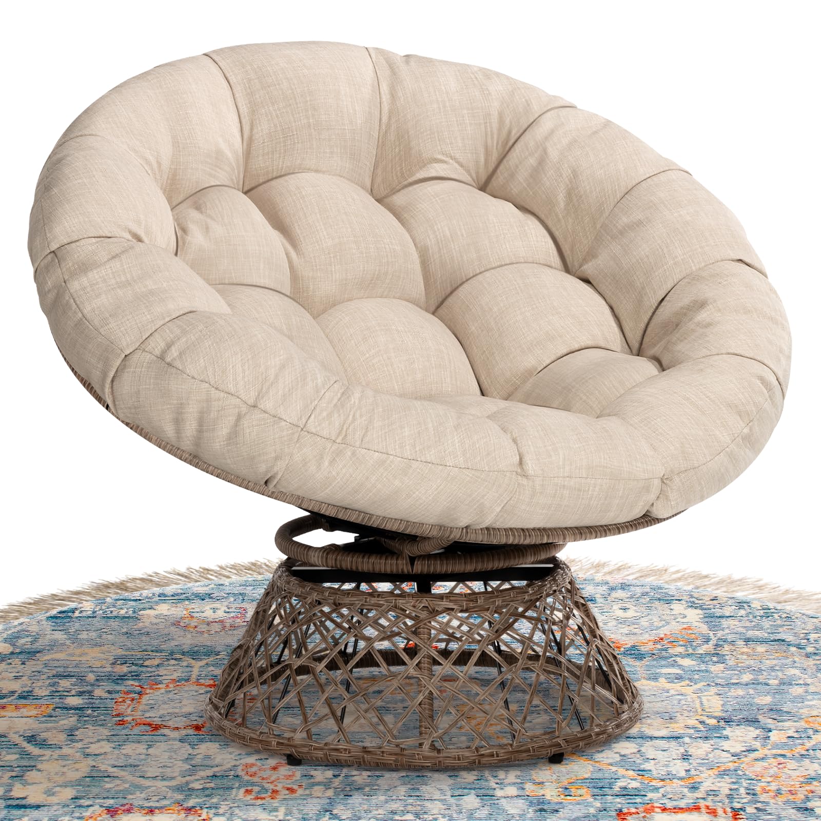 Bme 40" Ergonomic Wicker Papasan Chair with Soft Thick Density Fabric Cushion, High Capacity Steel Frame, 360 Degree Swivel for Living, Bedroom, Reading Room, Lounge, Sepia Sand - Brown Base