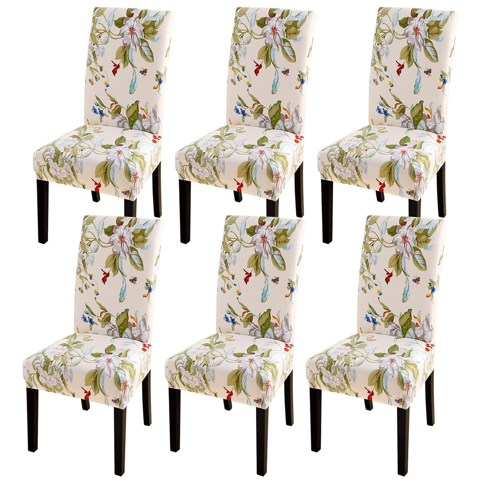 SearchI Dining Room Chair Covers Slipcovers Set of 6, Spandex Super Fit Stretch Removable Washable Kitchen Parsons Chair Covers Protector for Dining Room,Hotel,Ceremony,Beige+Flowers