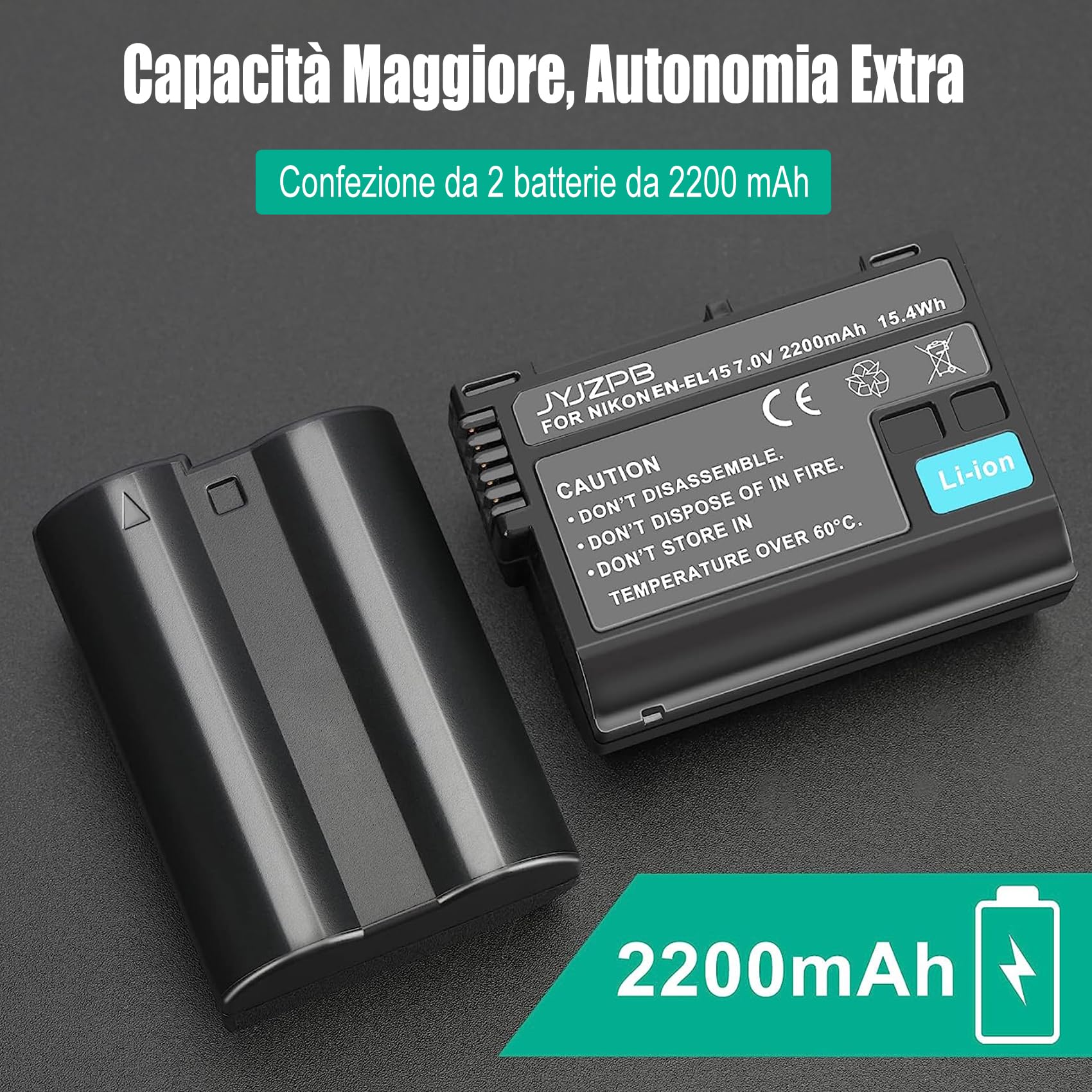 JYJZPB EN-EL15C EN-EL15 EN-EL15B 2200mAh Batterie di Ricambio e Caricabatterie per Nikon D7500, D750, Z6, Z7, D500, D600, D610, D810, D800, D800E, D710E, D7000, D7100, D7200, 2 Confezioni Batterie