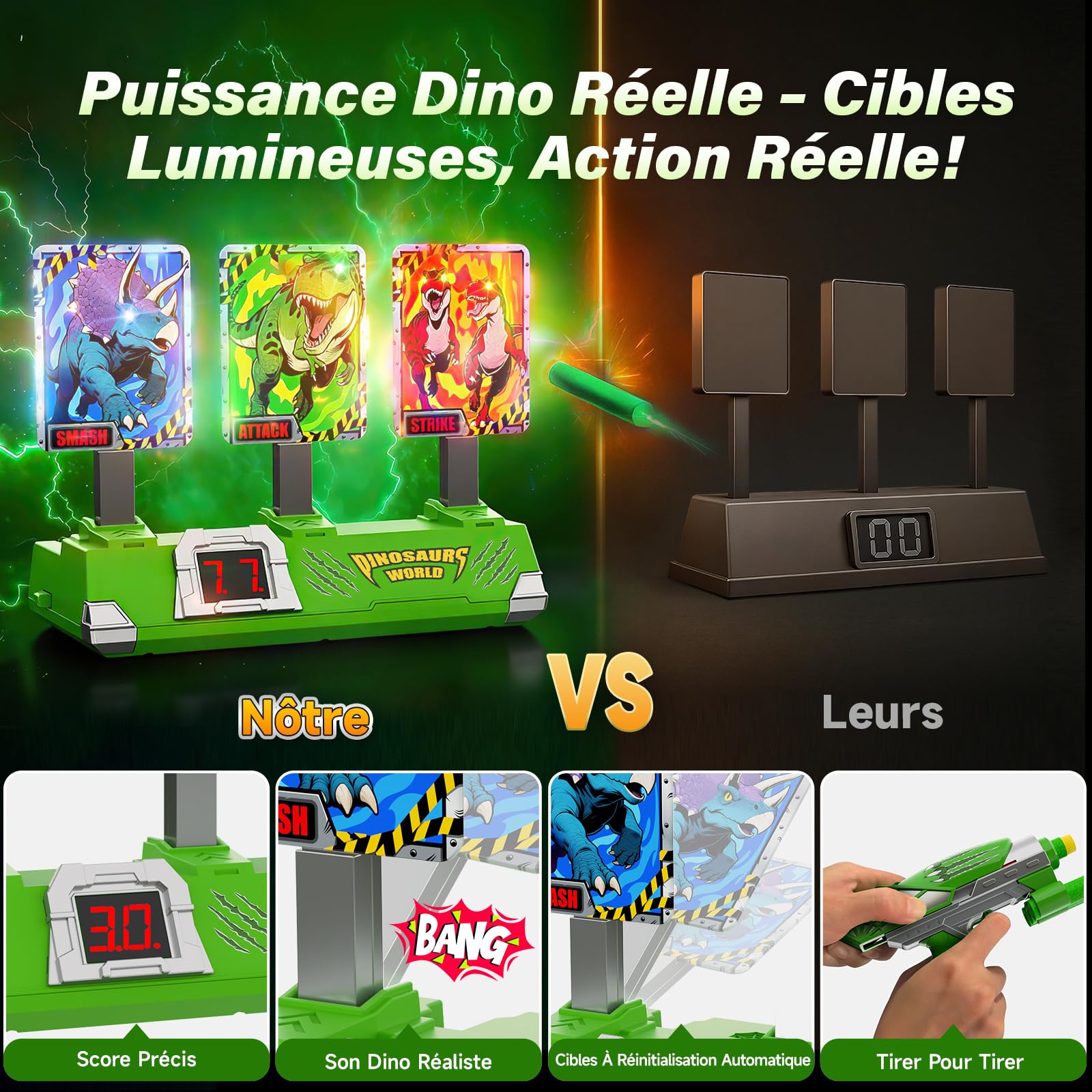 Dinosaure Jouet Pistolet avec Lumineux Cible Tir Electronique Automatiques, Dinosaur Jeux Exterieur Enfant 3-12 Ans Cadeau Garcon 3 4 5 6 7 8 9 10 11 Ans Jouet Enfant 4-9 Garçon Cadeaux Anniversaire