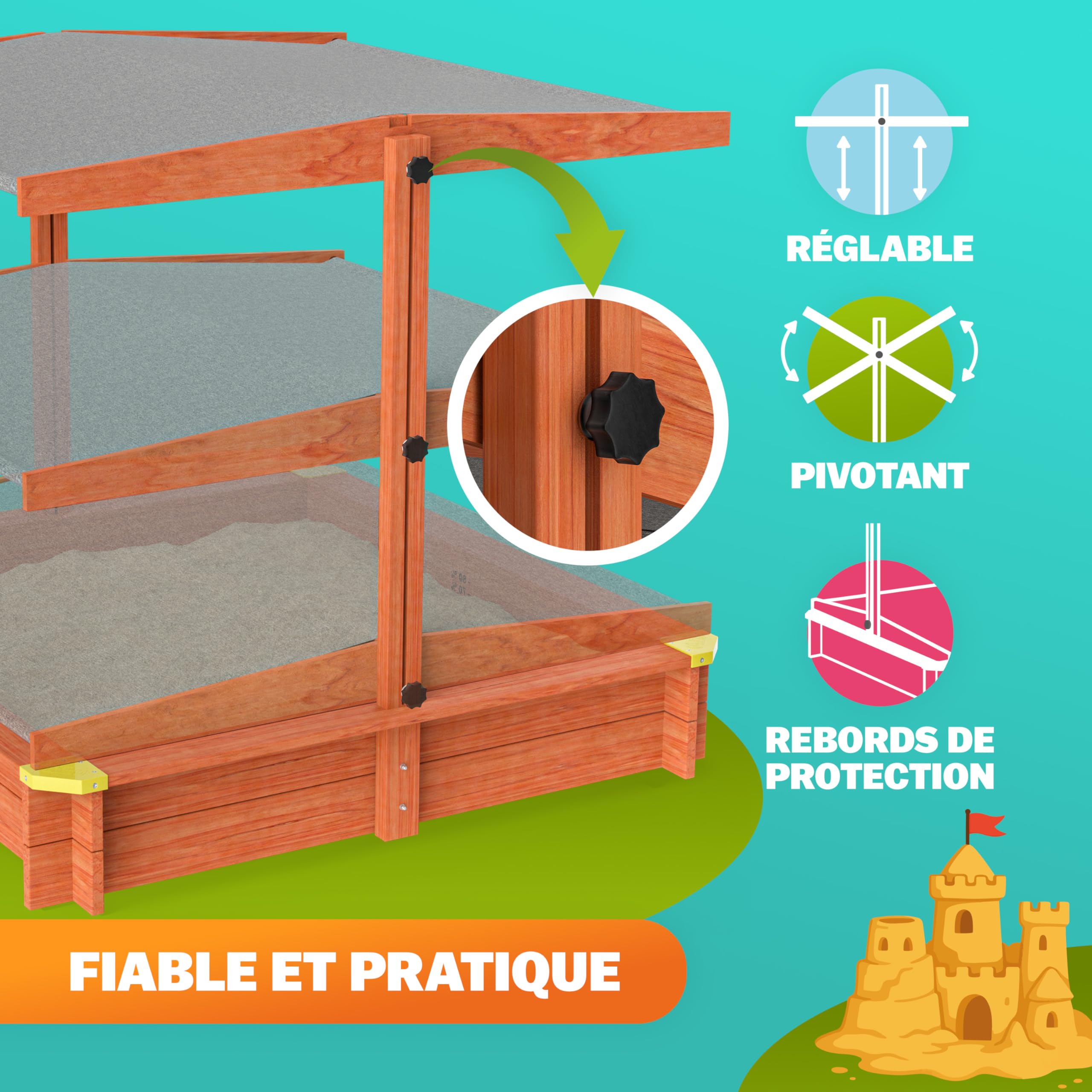 SPIELWERK® Bac à Sable en Bois Max 140x140cm Tapis de Sol Toit réglable Protection UV 50+ Jeu pour Enfants extérieur Jardin