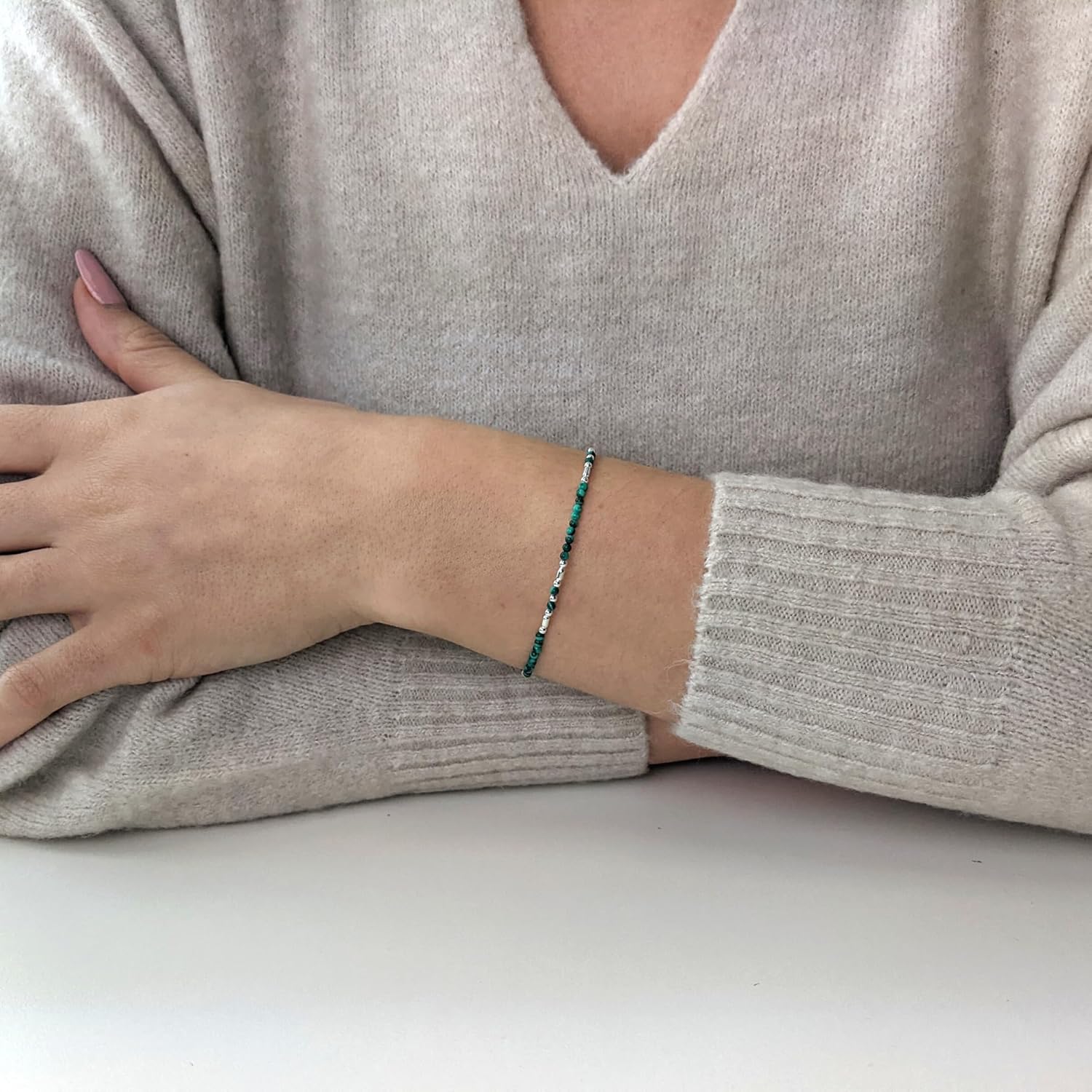 81stgeneration Green Gemstone 925 Sterling Silver Bracelet for Women 15.5 + 2.5 cm Extender - Malachite Bead Design - Cute Travel Gifts - Beaded Bracelets for Women - Stacker Friendship Bracelets