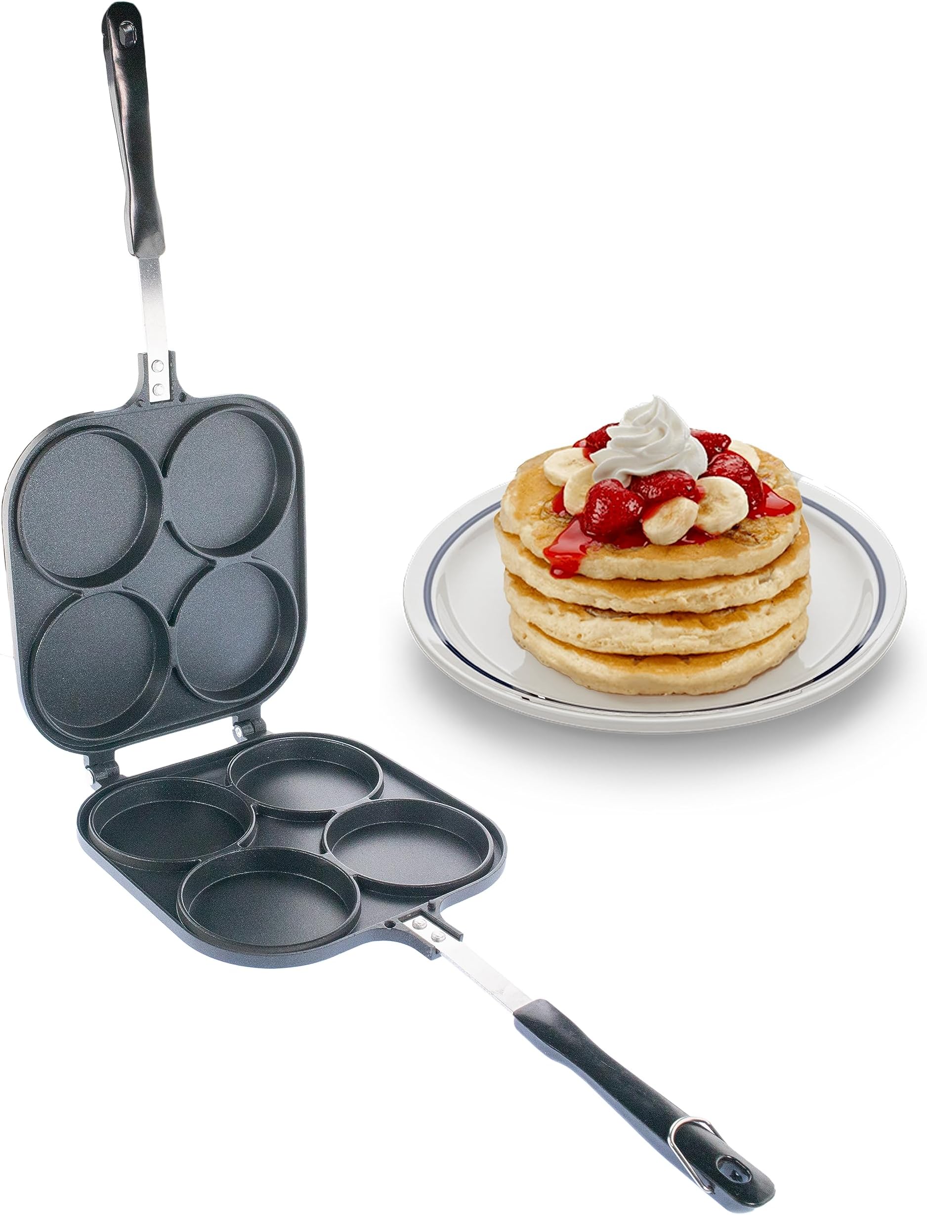 Pancake Pan Maker Nonstick Double Sided w/ 4 Small Round Mold Designs for Perfect Eggs, French Toast, Omelette, Flip Jack, and Crepes