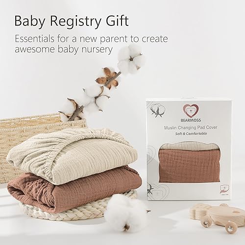 Miniatura 6 de Bearmoss Funda para cambiador, paquete de 2 fundas de muselina 100% algodón para cambiador de pañales, 32 x 16 pulgadas, suaves y transpirables,