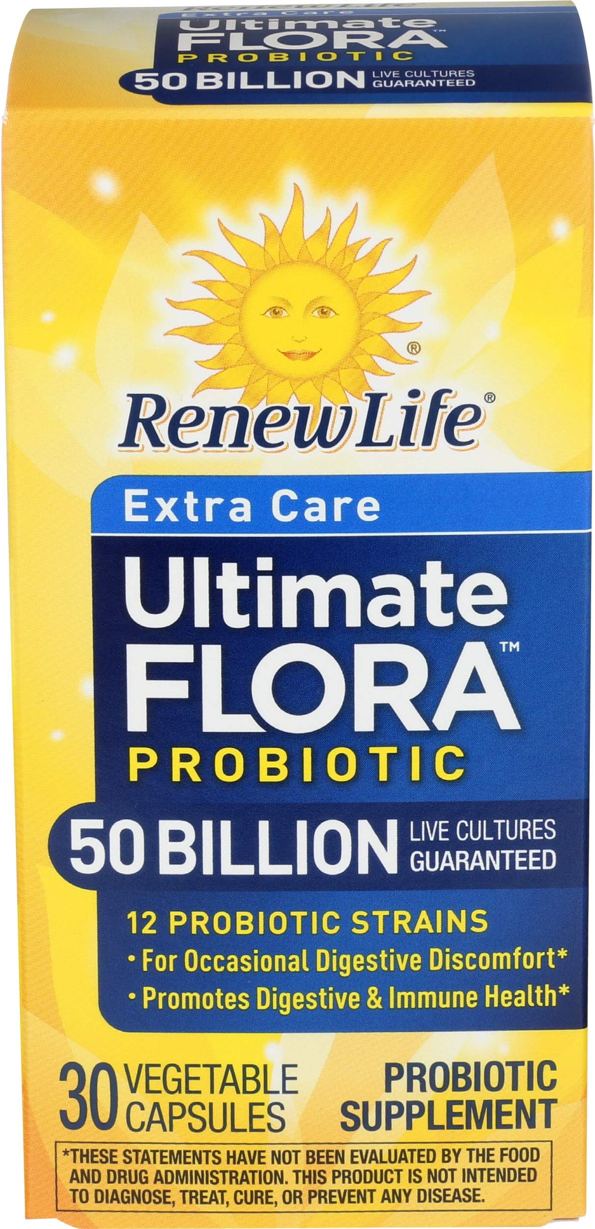 Renew Life Ultimate Flora Extra Care Probiotic 50 Billion CFU, 30 Vegetarian Capsules, Bifidobacterium lactis BI-04, 1.8oz