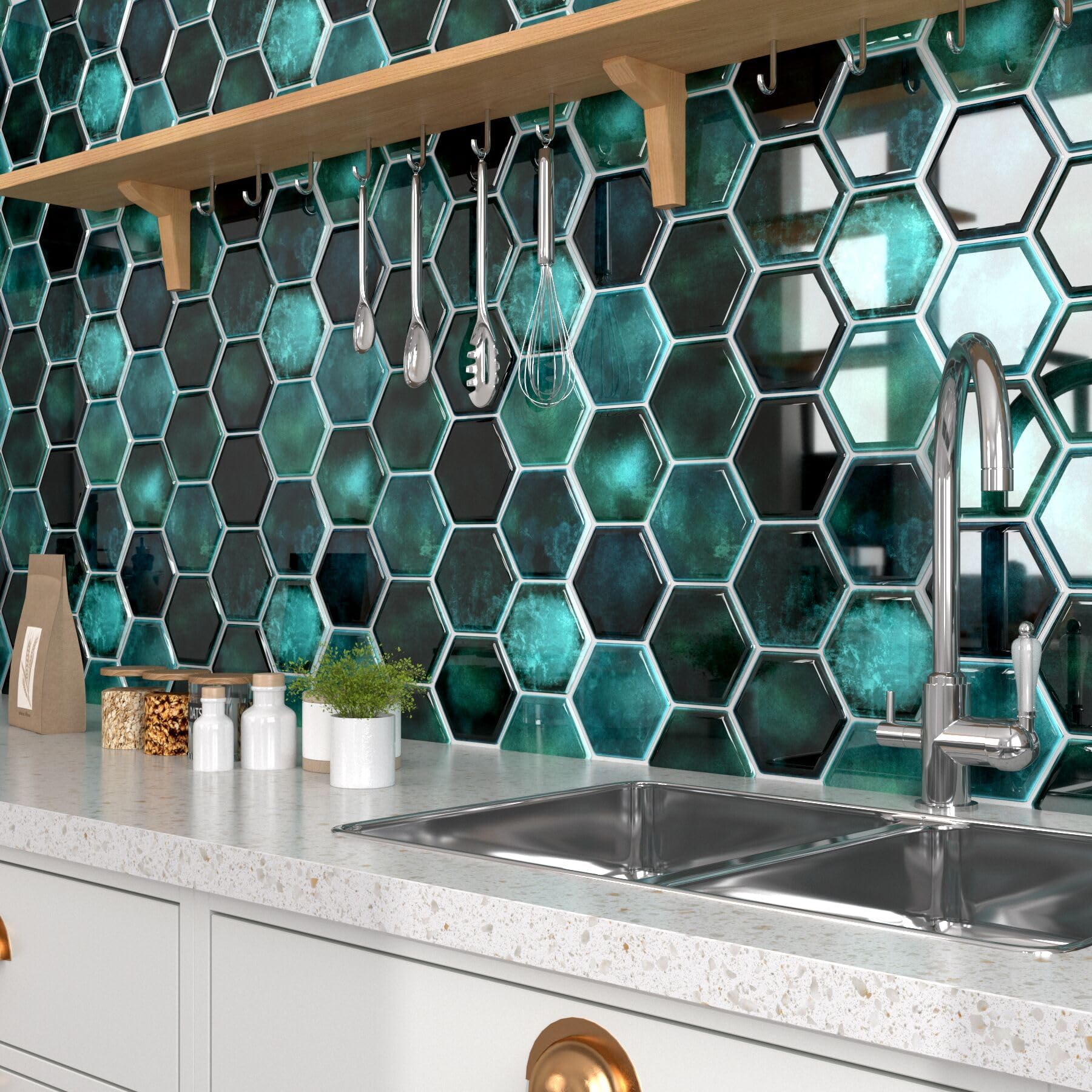 Carrelage hexagonal tomette décor feuillages pour sol et mur Jacou B87 - Vente de carrelage haut de gamme à Montpellier - Le Comptoir de Ceram