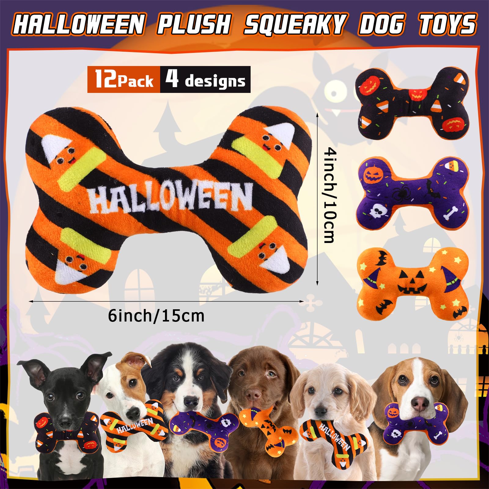 Halloween-Hundespielzeug, Kauspielzeug, quietschendes Knochenplüschtier für Hunde, langlebig, niedlich, interaktiv, gefüllt, mit Quietscher, ideal zum Spielen, Training und Zahnreinigung