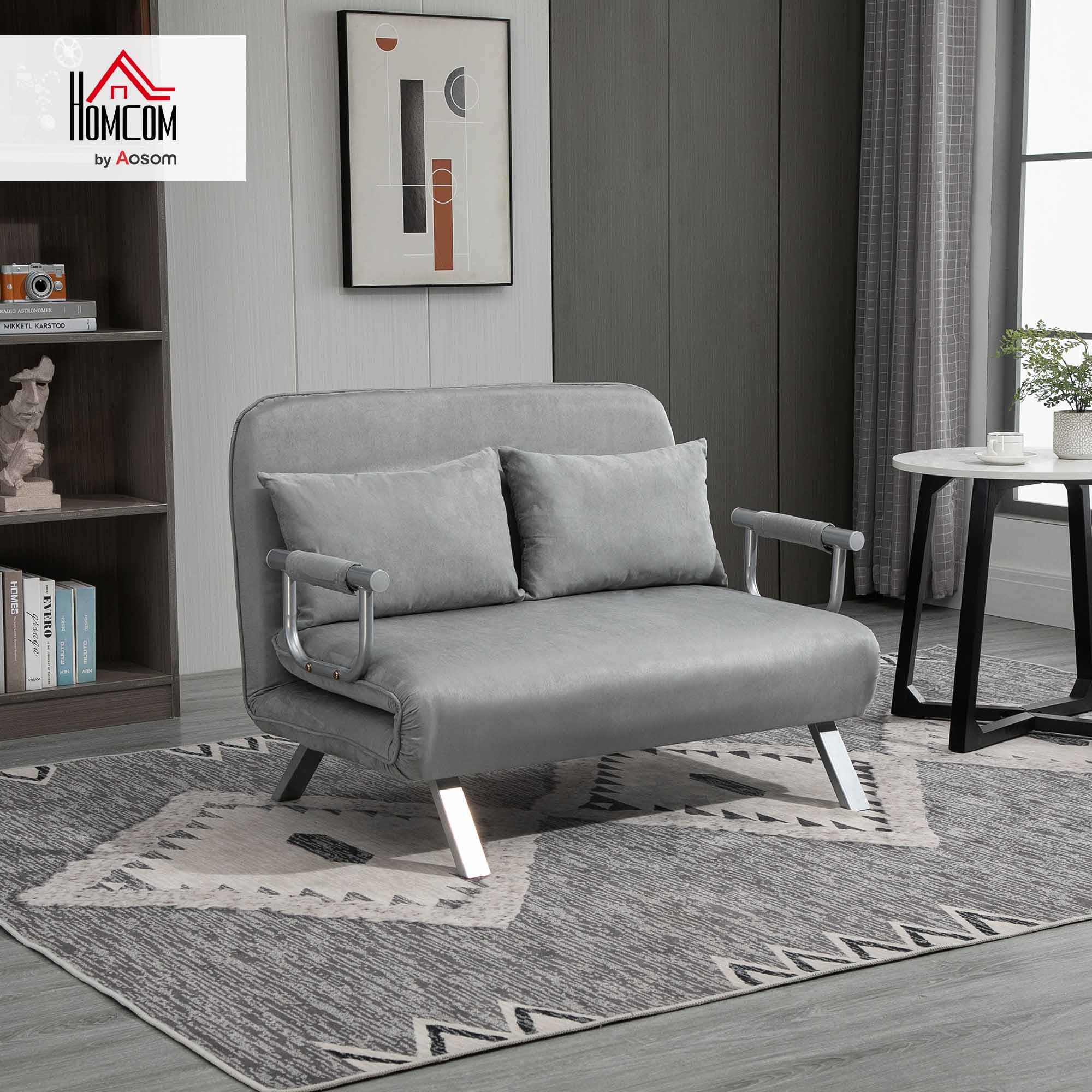 HOMCOM Canapé-lit 2 Places, Fauteuil Convertible avec Dossier réglable en 5 Positions, Chaise Longue avec 2 Coussins Inclus, canapé en revêtement Aspect suède déhoussable, 111x80x78cm, Gris Clair