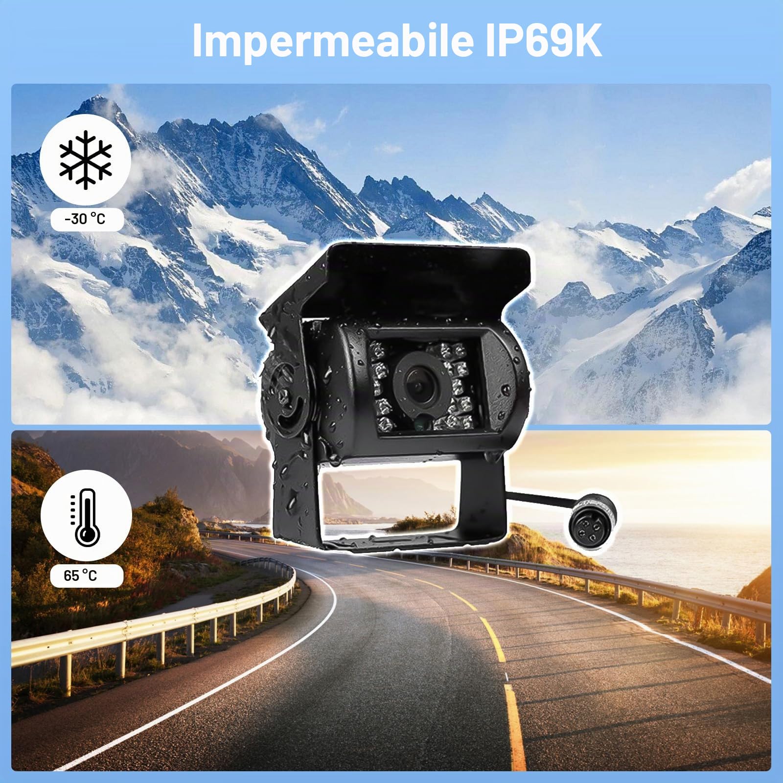 CAMECHO Sistema Doppio Telecamera Posteriore Impermeabile Visione Notturna Fotocamera di Backup Anteriore + 7 '' 4-Split Monitor + 33ft cavo 12V 24V per auto rimorchio camper bus