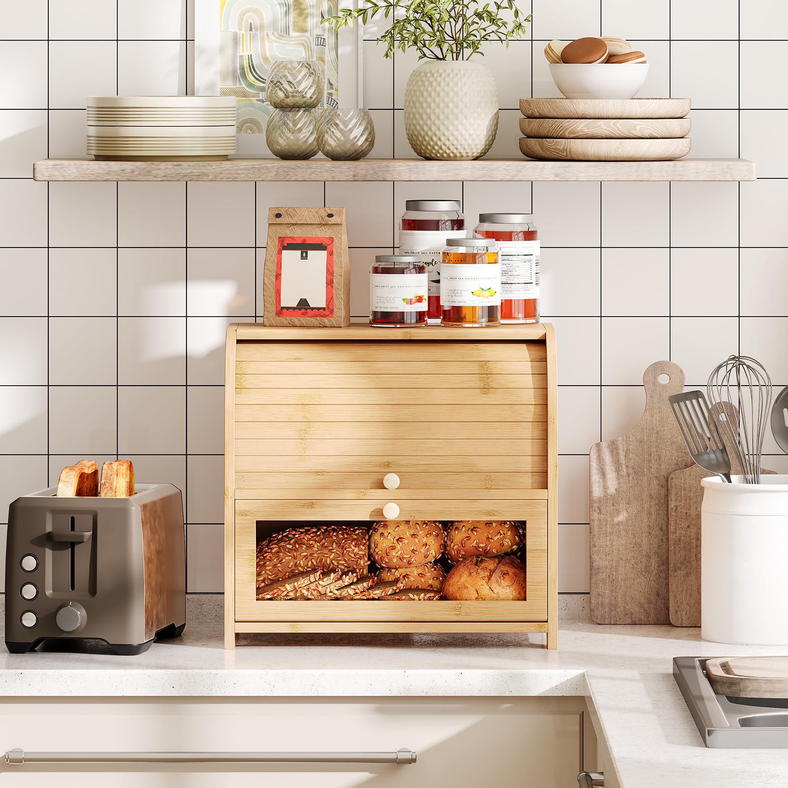 HOOBRO Panera de Bambú, Caja de Pan para Cocina de doble Nivel, Estuche de Alimentos con Puerta Enrollable, Acrílica Transparente, para Comedor, Restaurante, Bambú Natural EYL13MB01