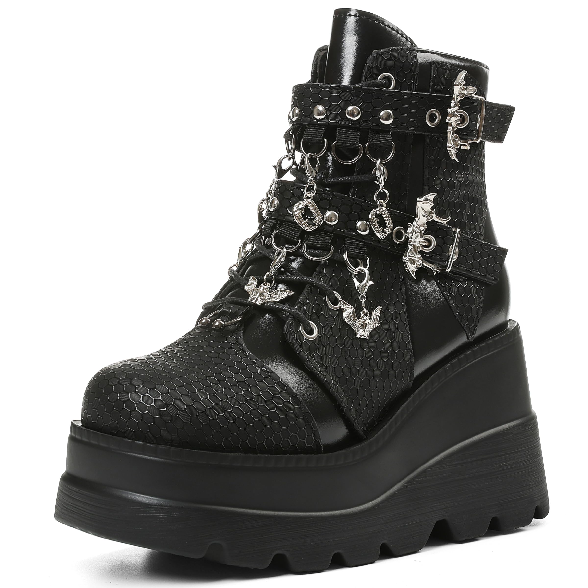 Goth Platform Ankle Boots for Women - Bat Buckle Straps Rave Boots Zip Round Toe Combat Boots Womens Chunky Wedges High Heels Moto Booties