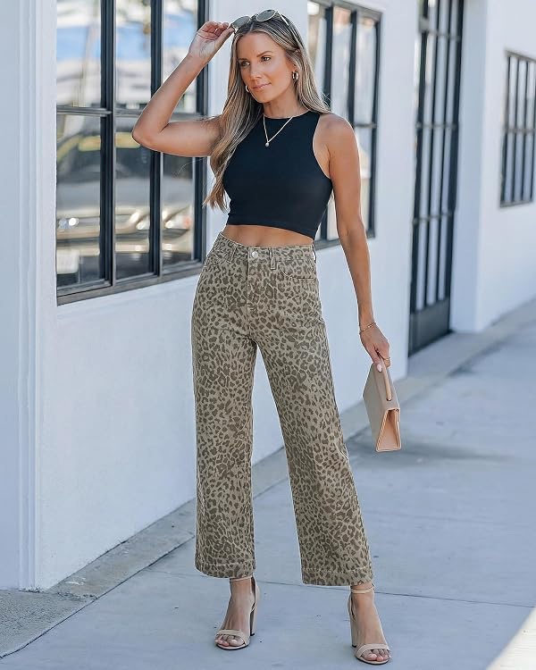 luvamia Wide Leg Jeans Woman Trendy High Waisted Leopard Cheetah Print Ankle Length Stretchy Denim Pants with Pockets Gray Leopard Size X-Large US Size 16 18 by luvamia - Used condition - Image 5