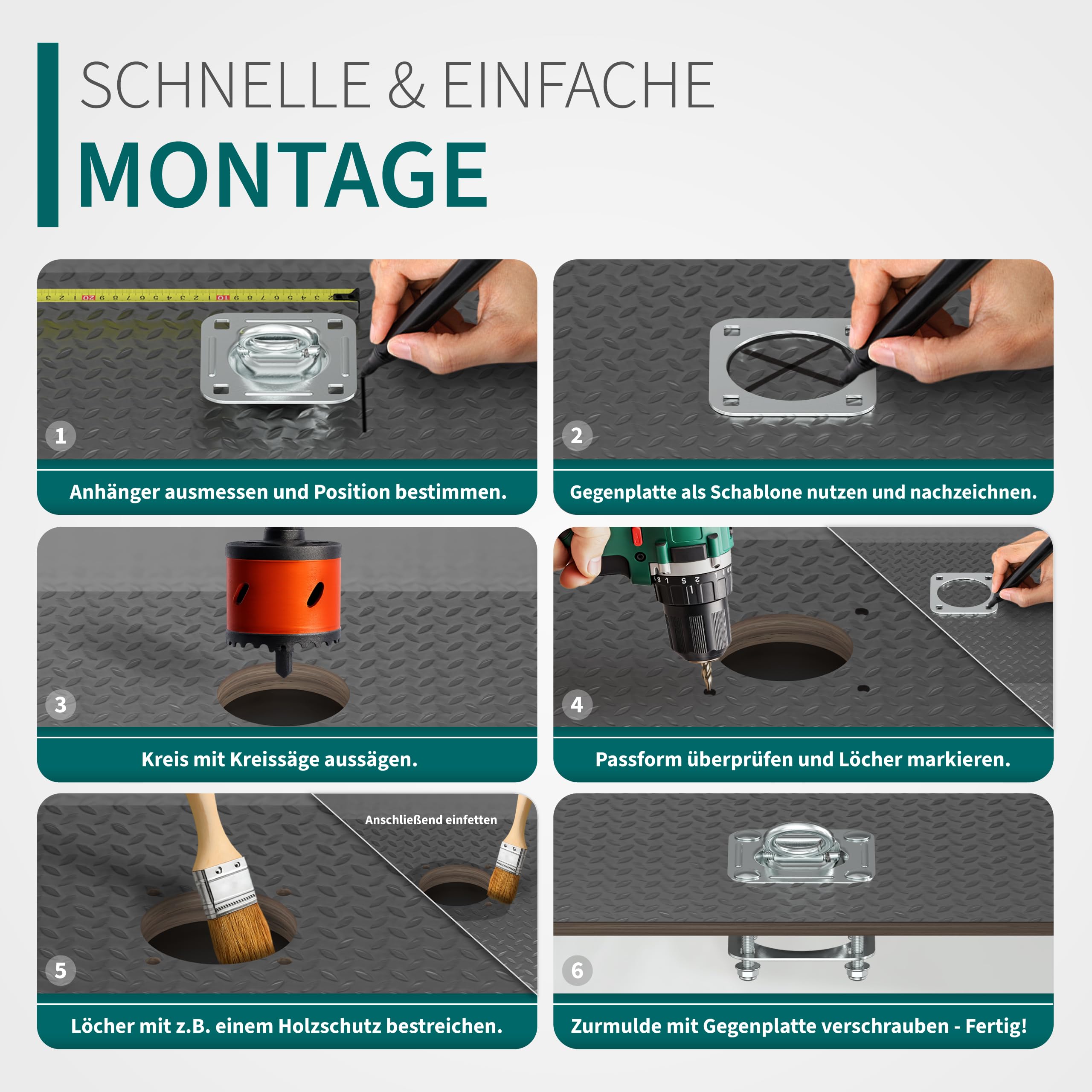 Anhänger Zurrösen mit Gegenplatten inkl. Schrauben [6er Set] Robuste Zurrmulden | Zugkraft von 2700daN pro Zurrhaken | Langlebige Verzurrösen aus verzinktem Stahl