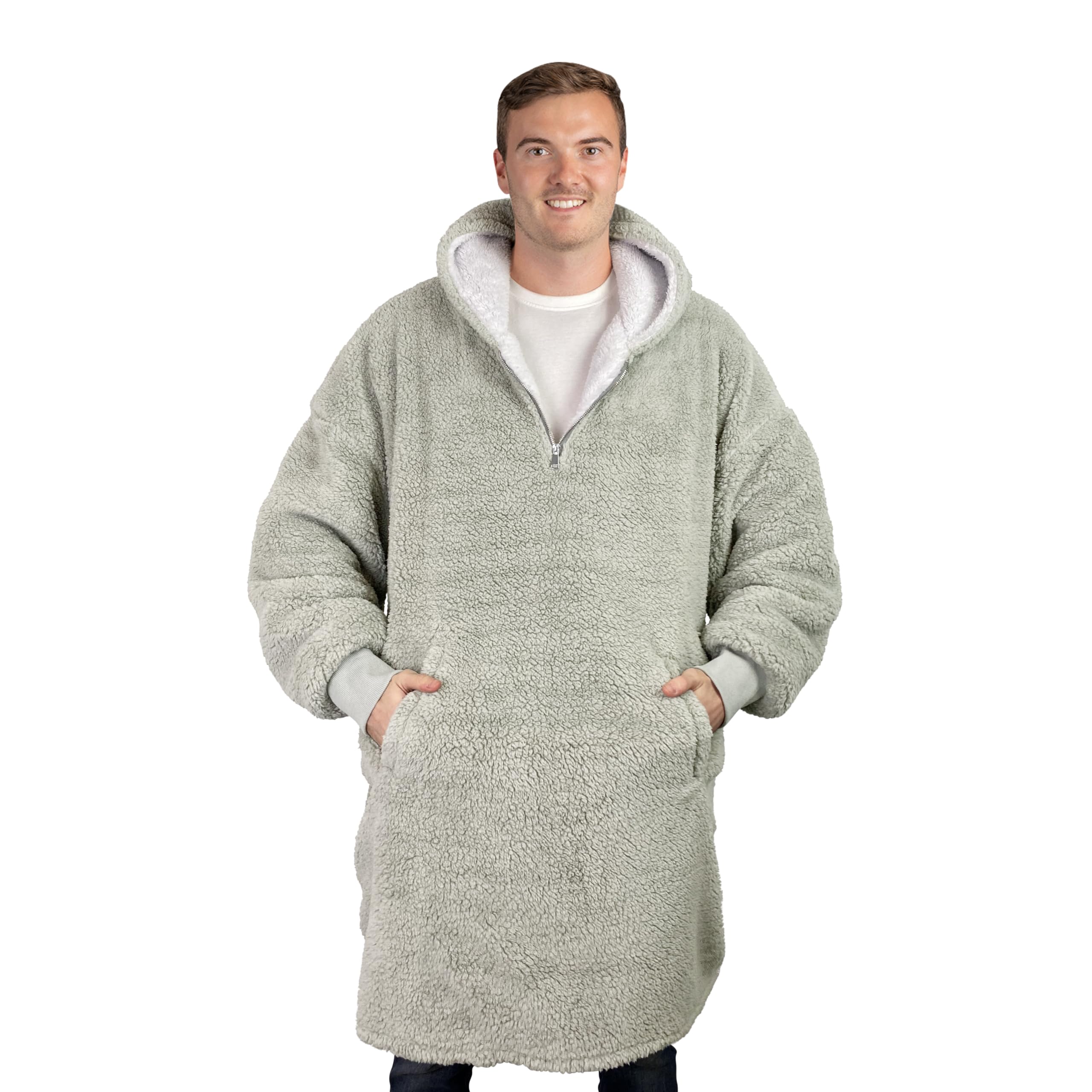 Trekki Women's Pale Grey Oversized Blanket Hoodie, Teddy Fleece Hoodie Blanket, Hooded Blanket, Comfy & Fluffy Hoodie, Wearable Blanket Uk, Oversize Jumper, Zip Up, The Big Softy