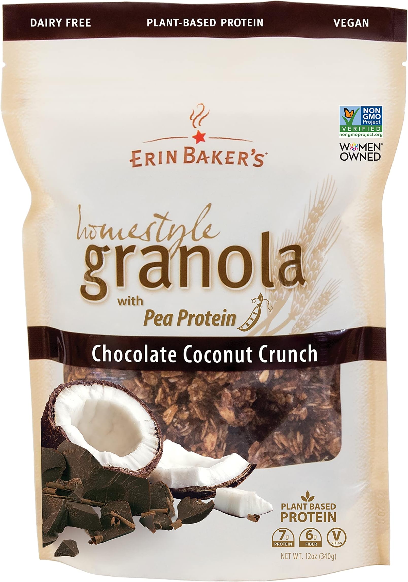 Erin Baker'sHomestyle Granola, Chocolate Coconut Crunch, Vegan, Ancient Grains, Non-GMO, Pea Protein, Granola Cereal, 12 Ounce Bag