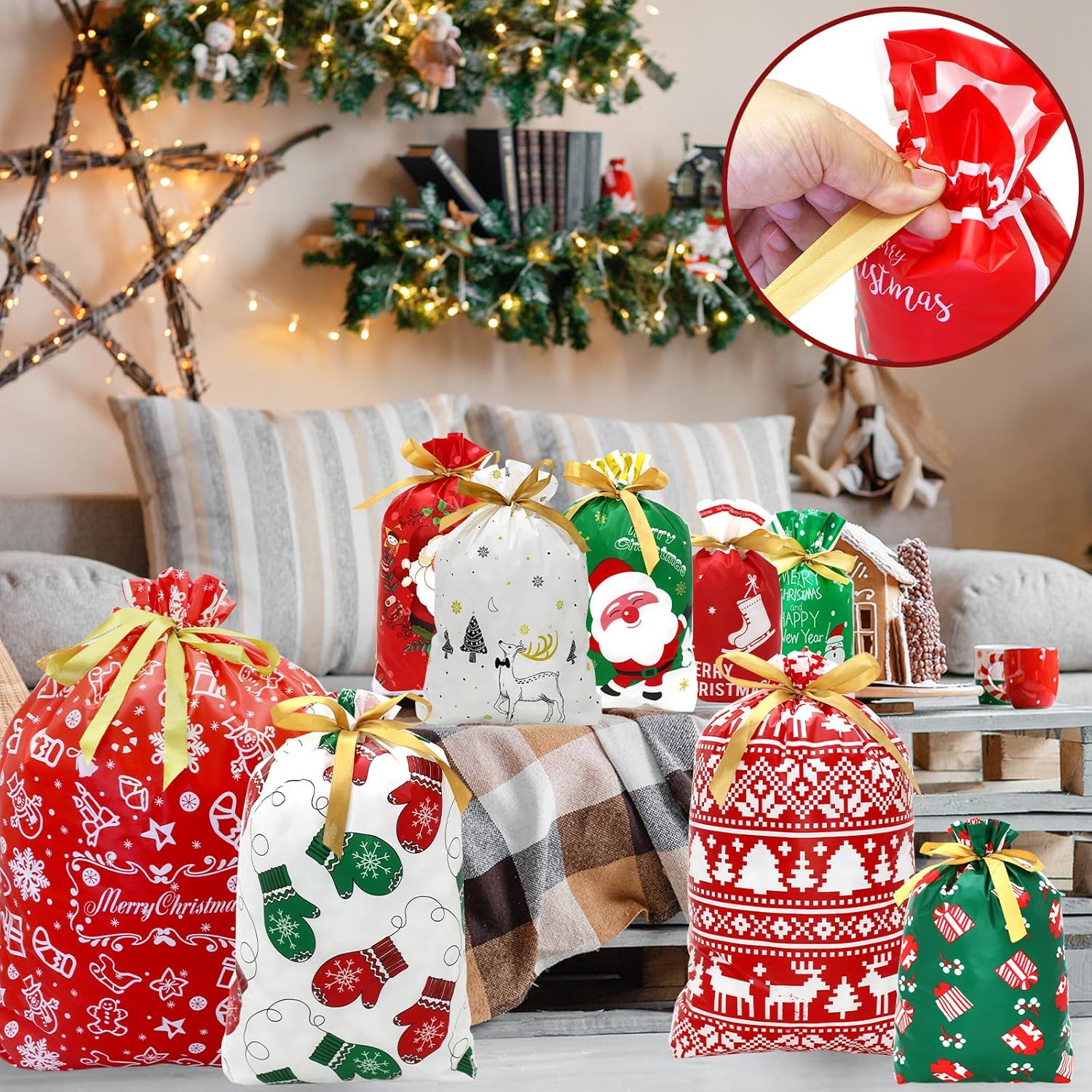 Pseutio 42 PCS Christmas Drawstring Gift Bags Assorted Sizes Drawstring Christmas Bags for Gifts with Rope for Xmas Holiday Presents Party Favor