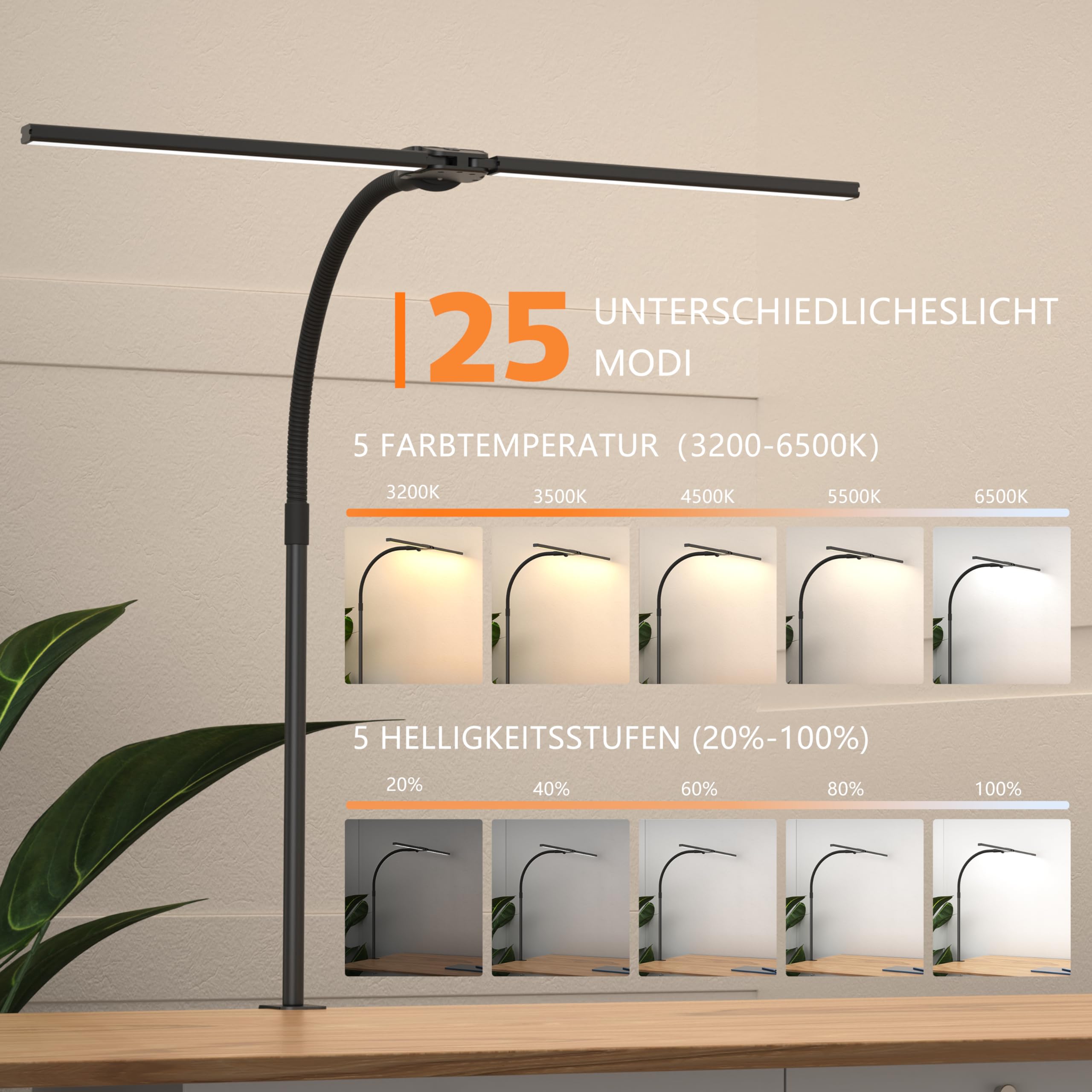 Doppelkopf Schreibtischlampe LED Dimmbar，1200 Lumen Schreibtischleuchte klemmbar mit 5 Farbtemperaturen und 5 Helligkeiten für Home Office，Augenschutz büro tischlampe mit Schwanenhals,Monitor Lampe