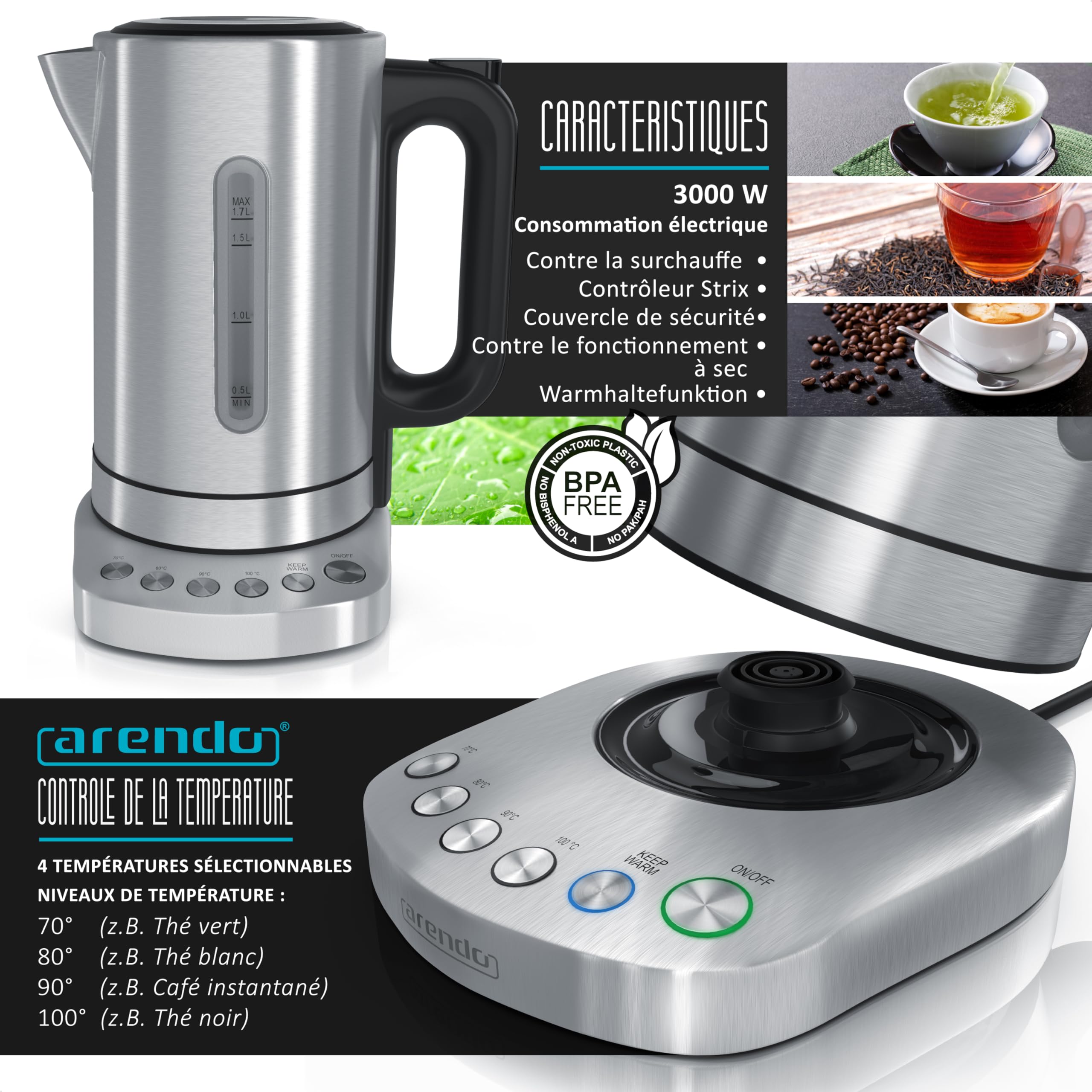 Arendo Set Petit Déjeuner : Ensemble Bouilloire Grille Pain Assortis, Bouilloire Électrique Inox 1,7 L 3 000 W avec 4 Températures et Maintien au Chaud, Grille-Pain 2 Tranches 1 000 W Écran LED, Gris