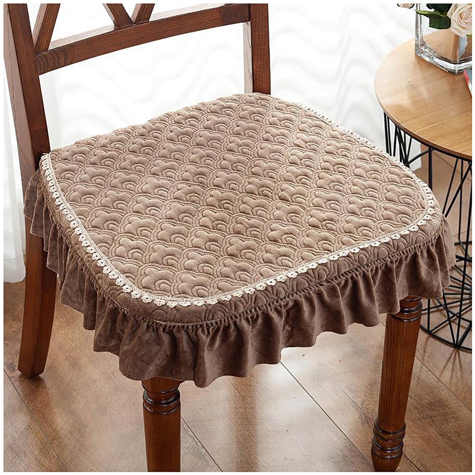 ZTGL Luxury Decorative Chair Cover for Dining Chair Office Chairs, Non Slip European Seat Cushion Thicken Chair Pad with Ties, Square Chair Covers with Lace Ruffle,C2,1 Pack