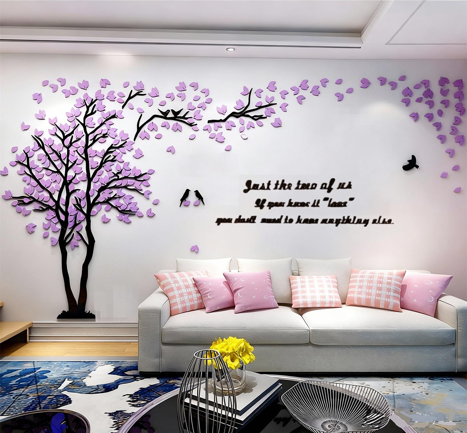 Albero Adesivo da Parete, Alberi e Uccelli 3D Adesivi Murali Arts Wall Sticker Decorativi per TV Par, Camera da Letto, Ufficio(Porpora Sinistra,L-300 * 150cm)