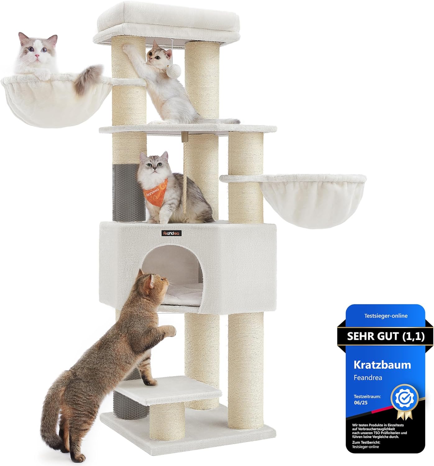 Feandrea Kratzbaum, mit warmen Decken, für große Katze, Katzenbaum, 2 Katzenbürsten, 11,1 cm d Dicke Stämme, große Plattformen, Höhle, 50 x 50 x 160 cm, cremeweiß-beige PCT003W02