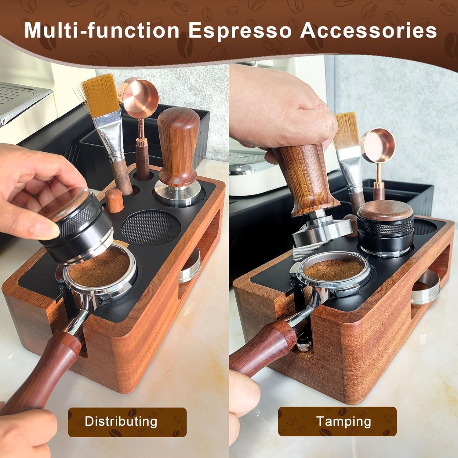 Verbesserte Espresso-Stopfstation, Massivholz, Espresso-Zubehör-Organizer, multifunktionaler Kaffeezubehör, Tamper Sta-Tion, Espresso-Station passend für Standard-Siebträger (A1)