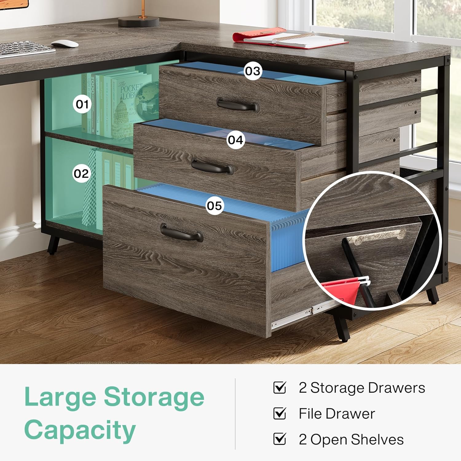 Tribesigns 53" L Shaped Office Desk, Reversible Corner Computer Desk with 3 File Drawers and 2 Storage Shelves for Home Office, Study, Gaming Room (Grey)