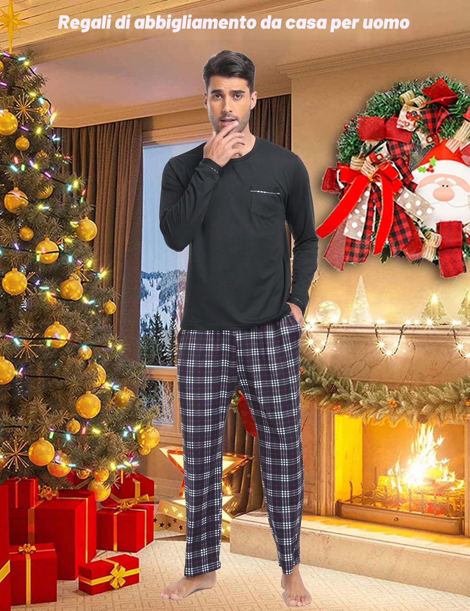 MoFiz Pigiama Uomo Lungo Invernale Morbido Caldo Pigiami Due Pezzi Manica Lunga Notte Camicia e Pantaloni Pigiama a Quadri con Tasche