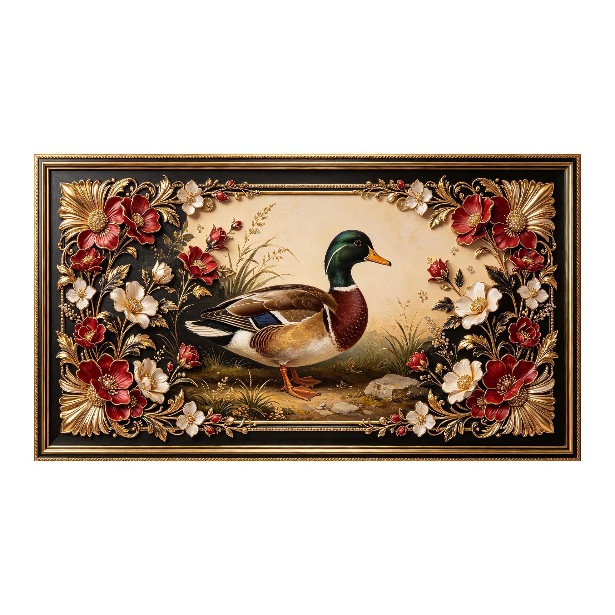 Yzpallescene 3D 3D Framed Wall Art 50cm×90cm Duck Floral Baroque Oil Painting Large Size SelfAdhesive Removable Wall Decor Prints Artwork for Living Room Bedroom Office