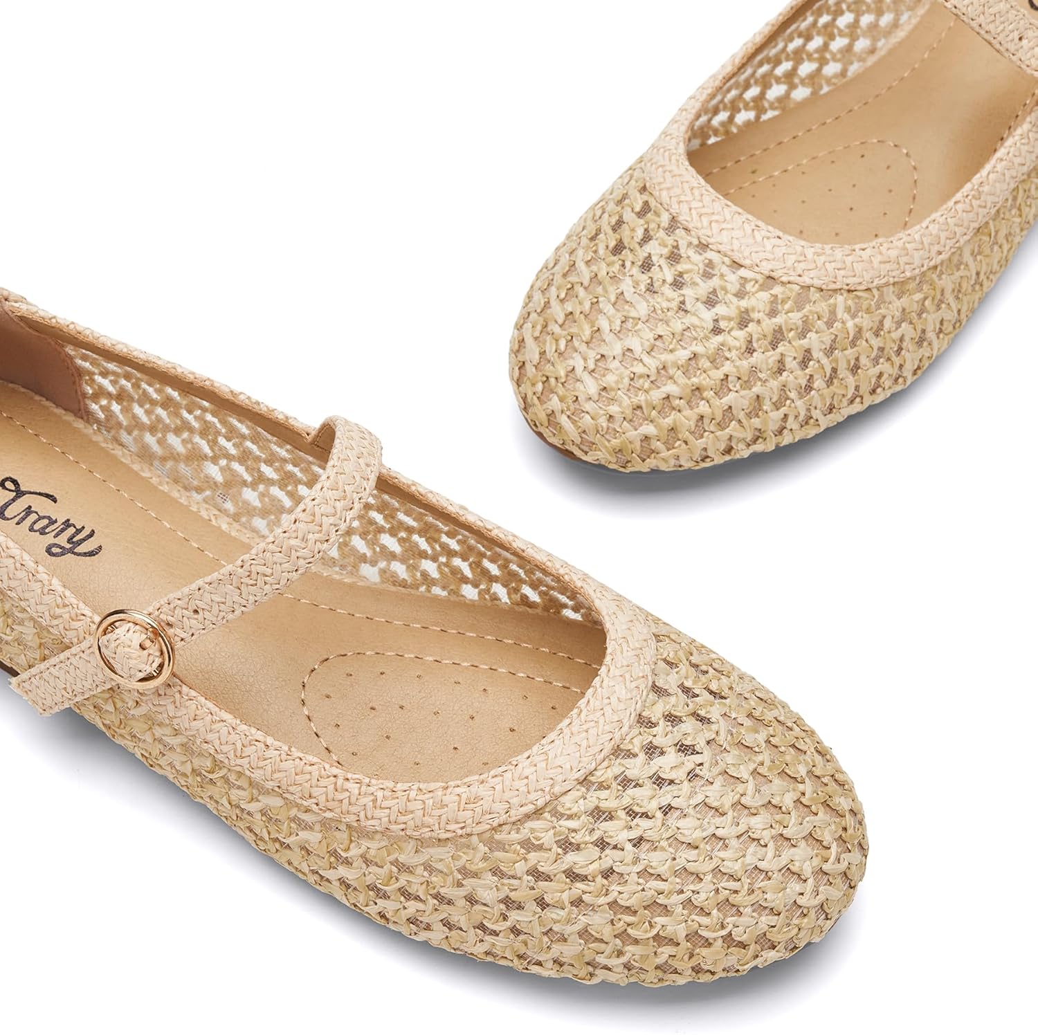 Trary Mary Jane Shoes Women Woven Flats for Women Mesh Rouned Toe Dressy Ballet Flat with Braided Adjustable Buckle Strap Spring Summer Comfortable Slip On Casual Cute Shoes