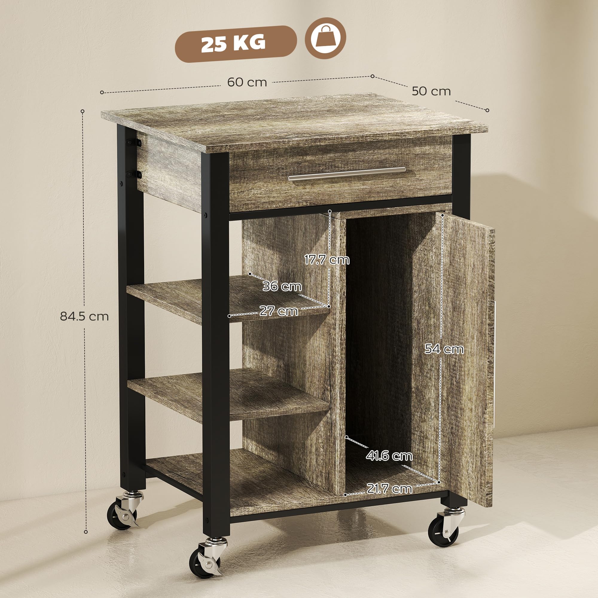 HOMCOM Carrello da Cucina Portavivande con Cassetto, Mensole, Armadietto e 4 Ruote, Legno Truciolare, 60x50x84.5cm, Quercia
