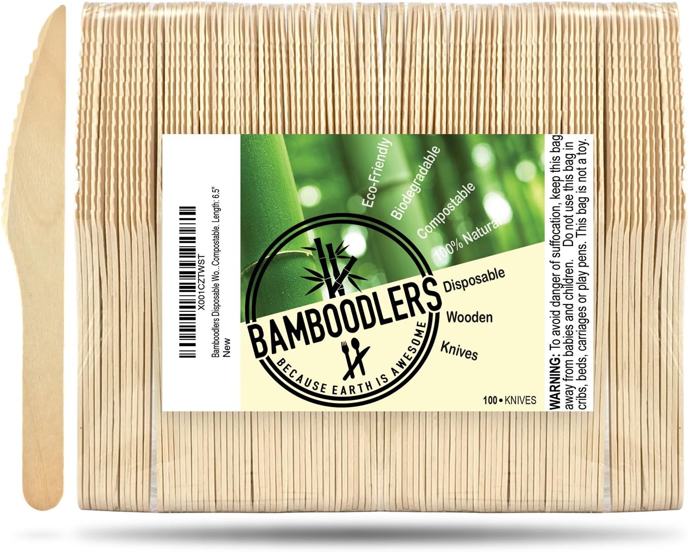 Disposable Wooden Knives 100% All-Natural, Eco-Friendly, Biodegradable, and Compostable - Because Earth is Awesome! Pack of 100-6.5” knives.
