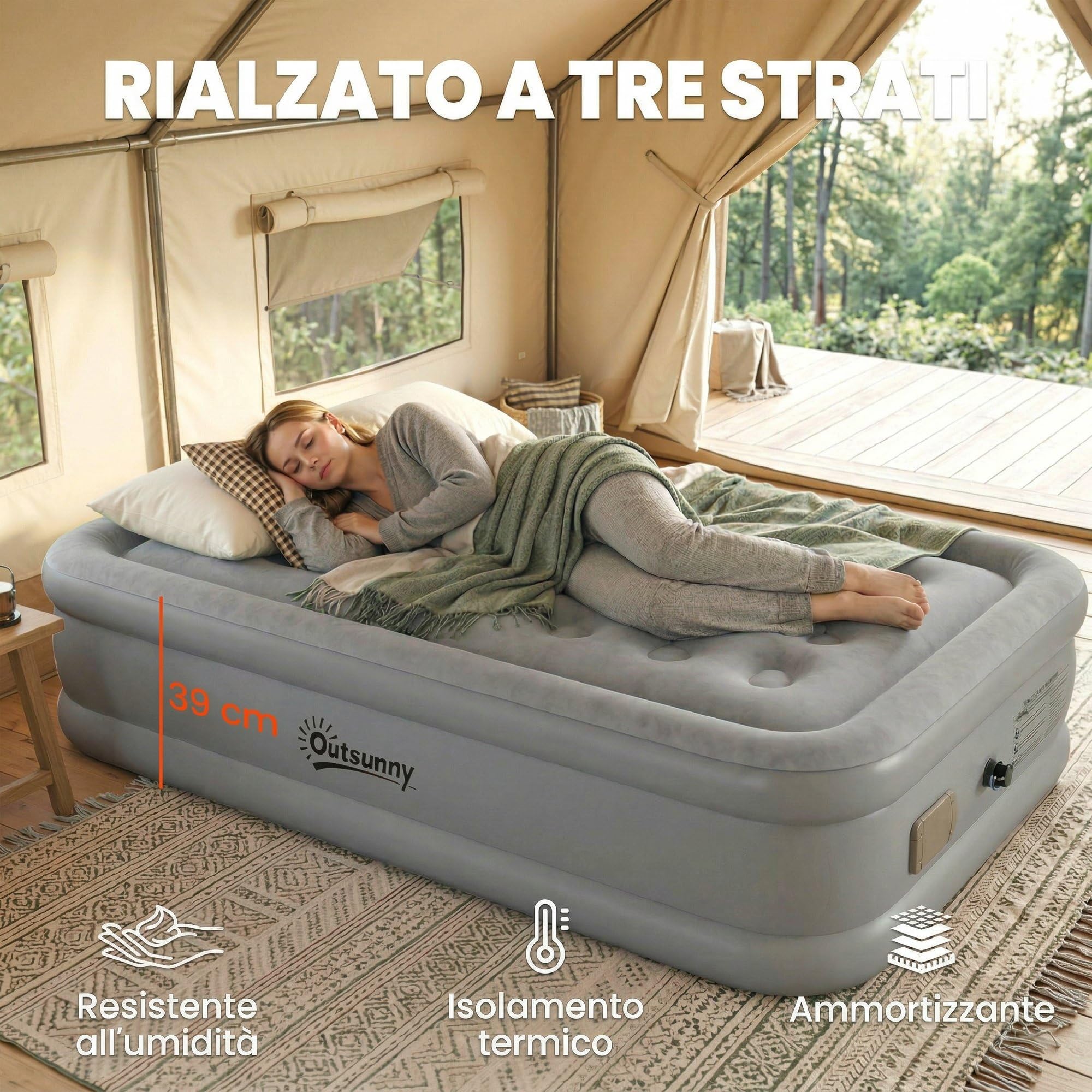 Outsunny Materassino Autogonfiante Singolo, Materassino da Campeggio, Superficie Floccata, Impermeabile, con Pompa di Gonfiaggio e Borsa di Trasporto, 190x97x39 cm, Grigio