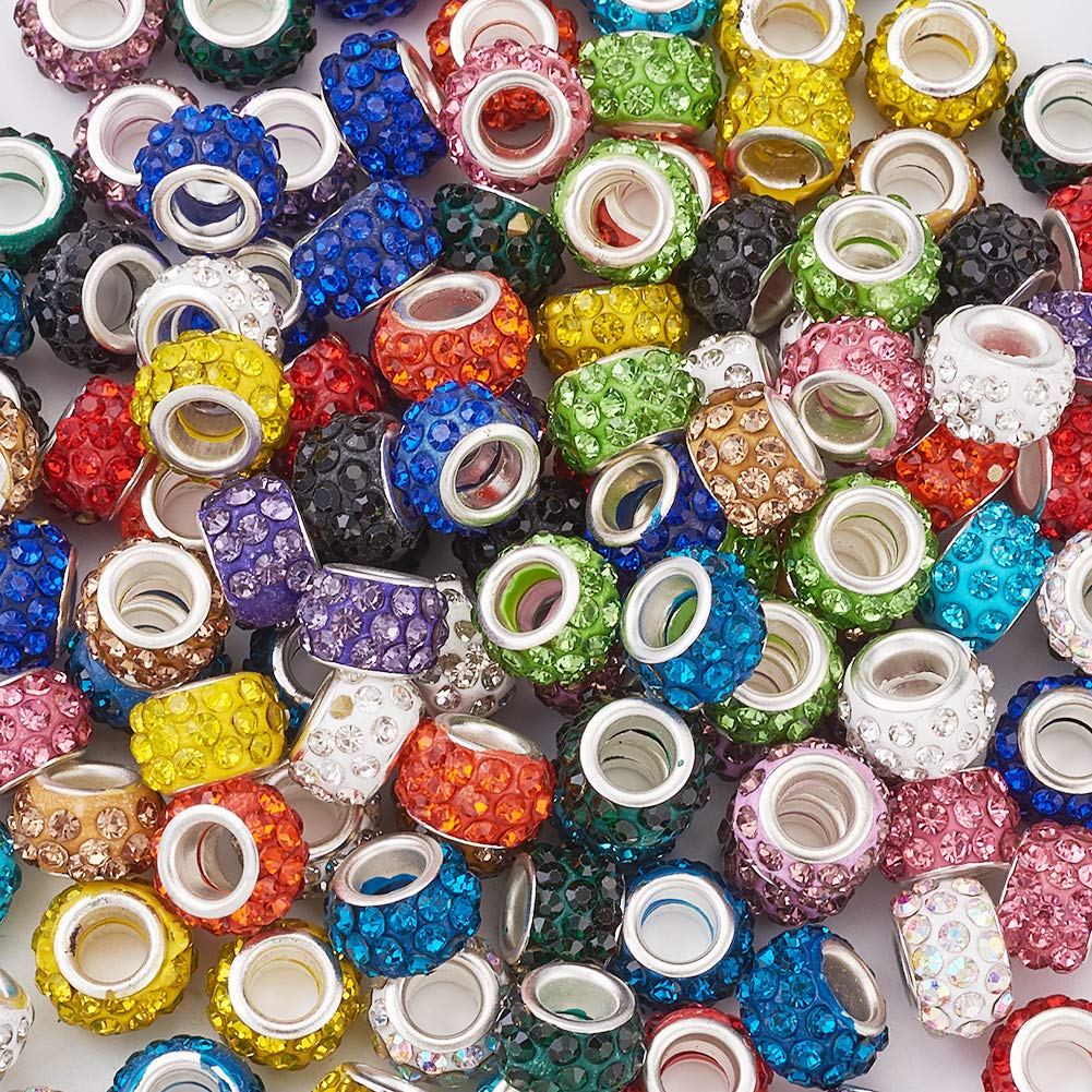 PandaHall, 150 perline in lega con strass, colori misti casuali, con foro grande, distanziatori rotondi con 3 stili, per bracciali europei con catena snake, 10-12 mm