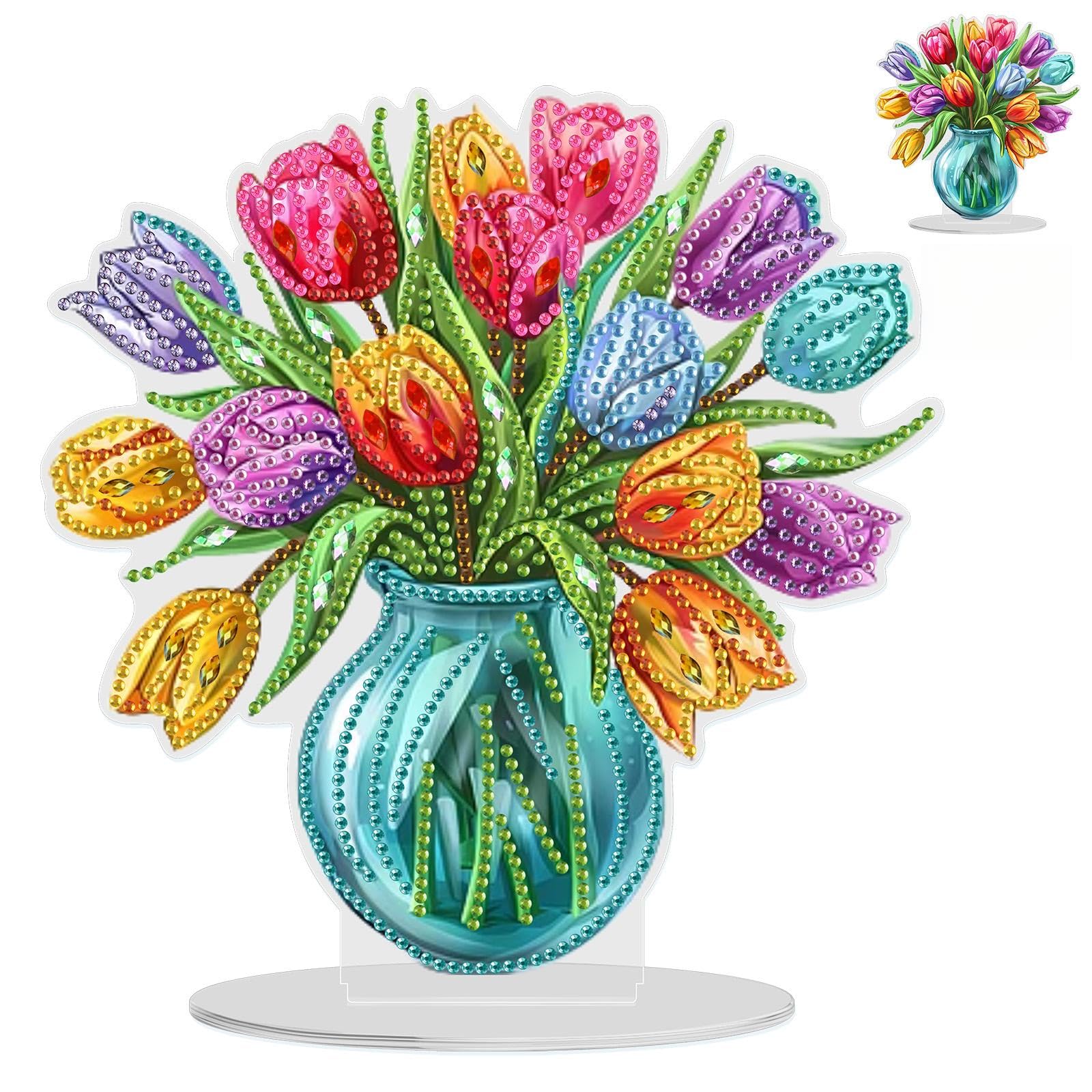 NAIMOER Tabletop Diamond Art Vase Flowers Kits for Adults Kids, DIY Double Sided Tulip Desktop Ornaments Special Shaped Rhinestone Stand Up Desk Placements, 5D Gem Gifts Home Decoration